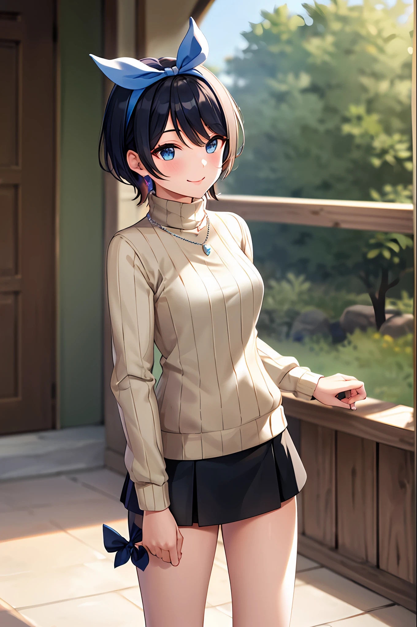 masterpiece, best quality, highres, 1girl, solo, jewelry,sweater, necklace, black skirt, black hair, short hair, ribbed sweater, socks, turtleneck sweater, turtleneck, white socks, blue eyes, Top, jeans,shorts, ribbon, breasts, bow, hair ribbon, hairband, hair bow, bangs, medium breasts, sarashina ruka, , cowboy shot, smile,