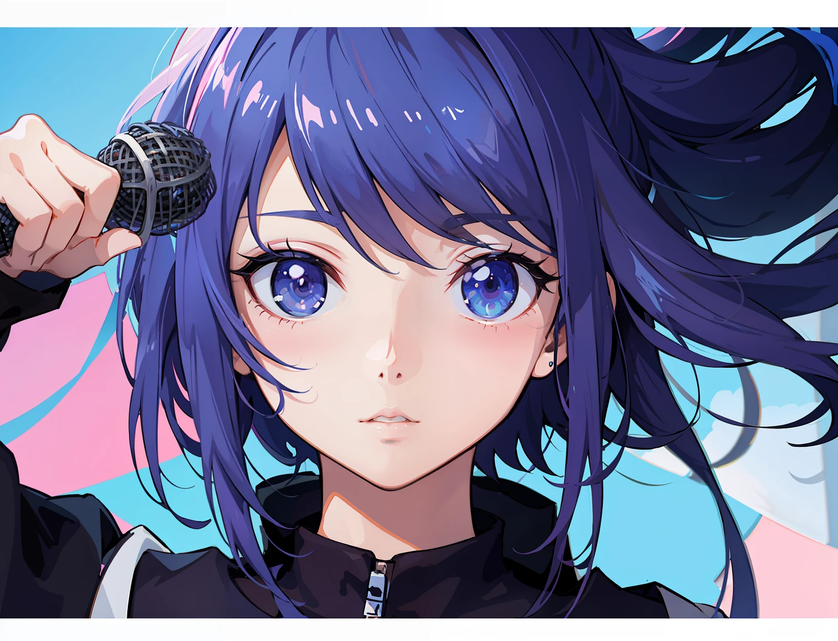 anime girl with blue hair and microphone in front of a pink and blue background, anime style 4 k, anime moe art style, Anime Style. 8K, anime style portrait, beautiful anime art style, Anime Art Style, Detailed Digital Anime Art, 2 d anime style, high quality anime artstyle, nightcore, Anime art wallpaper 8k, anime art style