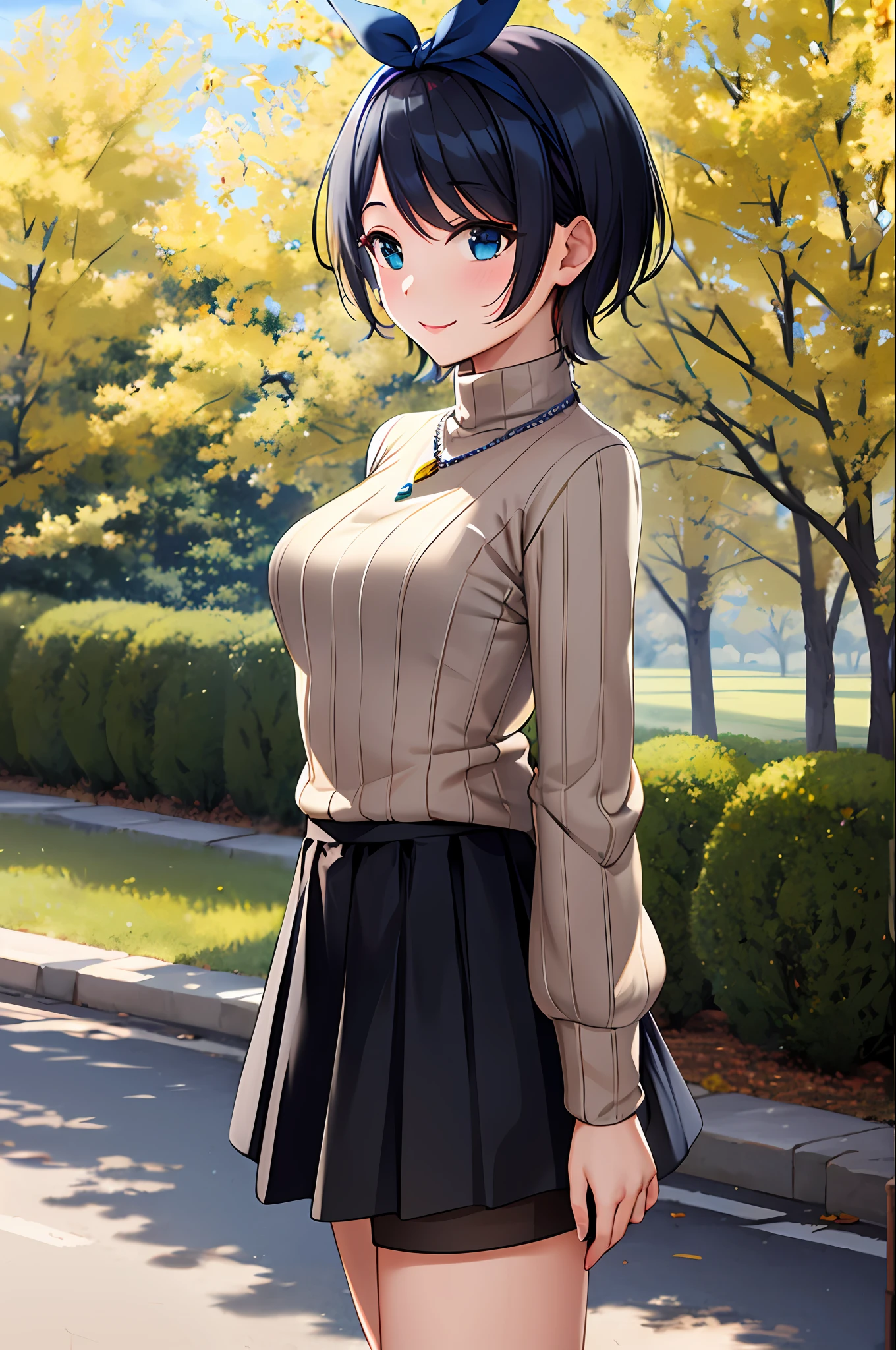 masterpiece, best quality, highres, 1girl, solo, jewelry,sweater, necklace, black skirt, black hair, short hair, ribbed sweater, socks, turtleneck sweater, turtleneck, white socks, blue eyes, Top, jeans,shorts, ribbon, breasts, bow, hair ribbon, hairband, hair bow, bangs, medium breasts, sarashina ruka, , cowboy shot, smile,