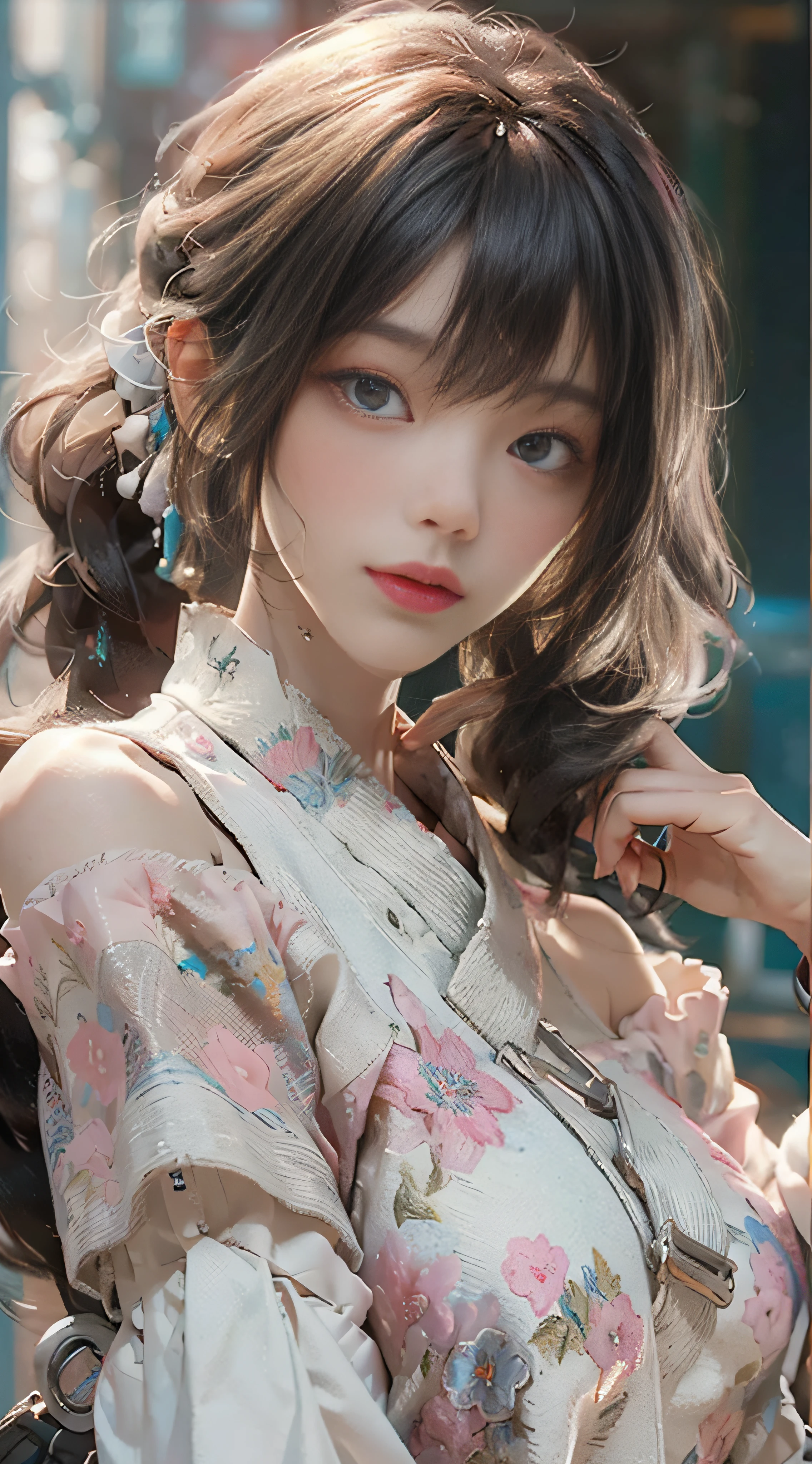 ((Best Quality)), ((Masterpiece)), (Detail: 1.4), 3D, Beautiful Cyberpunk Female Image, HDR (High Dynamic Range), Ray Tracing, NVIDIA RTX, Super Resolution, Unreal 5, Subsurface Scattering, PBR Texture, Post-Processing, Anisotropic Filtering, Depth of Field, Maximum Sharpness and Sharpness, Multi-layer Texture, Albedo and Highlight Mapping, Surface Coloring, Mitsu-Accurate Simulation of Material Interactions, Perfect Proportions, Octane Rendering, Two-color Light, Large Aperture, Low ISO, white balance, regular three-point, 8K RAW, beautiful bright pupils, off-the-shoulder clothes, fine pupils, delicate face and eyes, long eyelashes, blush, delicate and fluffy hair, pink lips, pure, cute, sweet girl, artistic sense, casual wear, high-end sense
