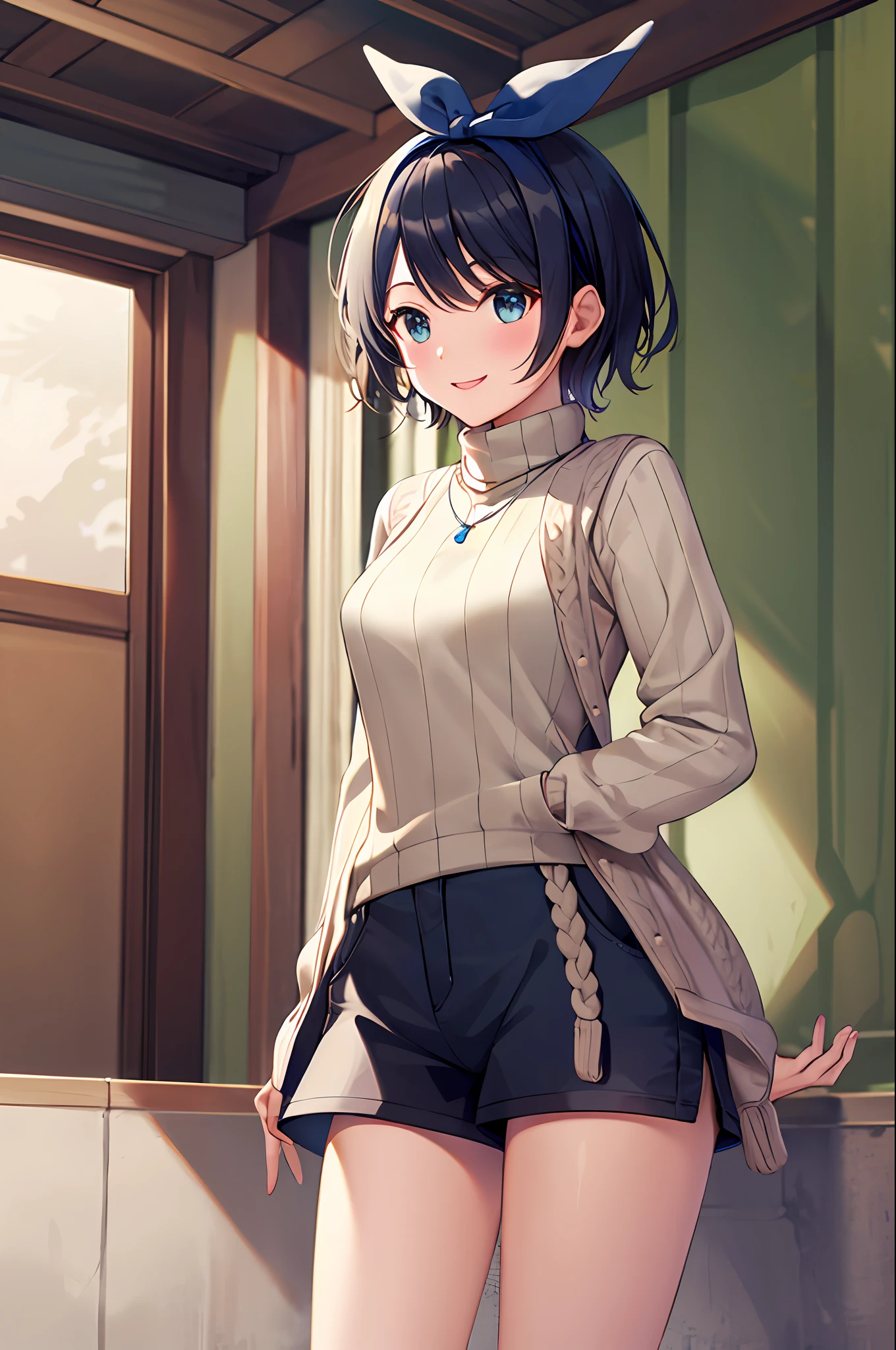 masterpiece, best quality, highres, 1girl, solo, jewelry,sweater, necklace, black skirt, black hair, short hair, ribbed sweater, socks, turtleneck sweater, turtleneck, white socks, blue eyes, Top, jeans,shorts, ribbon, breasts, bow, hair ribbon, hairband, hair bow, bangs, medium breasts, sarashina ruka, , cowboy shot, smile,