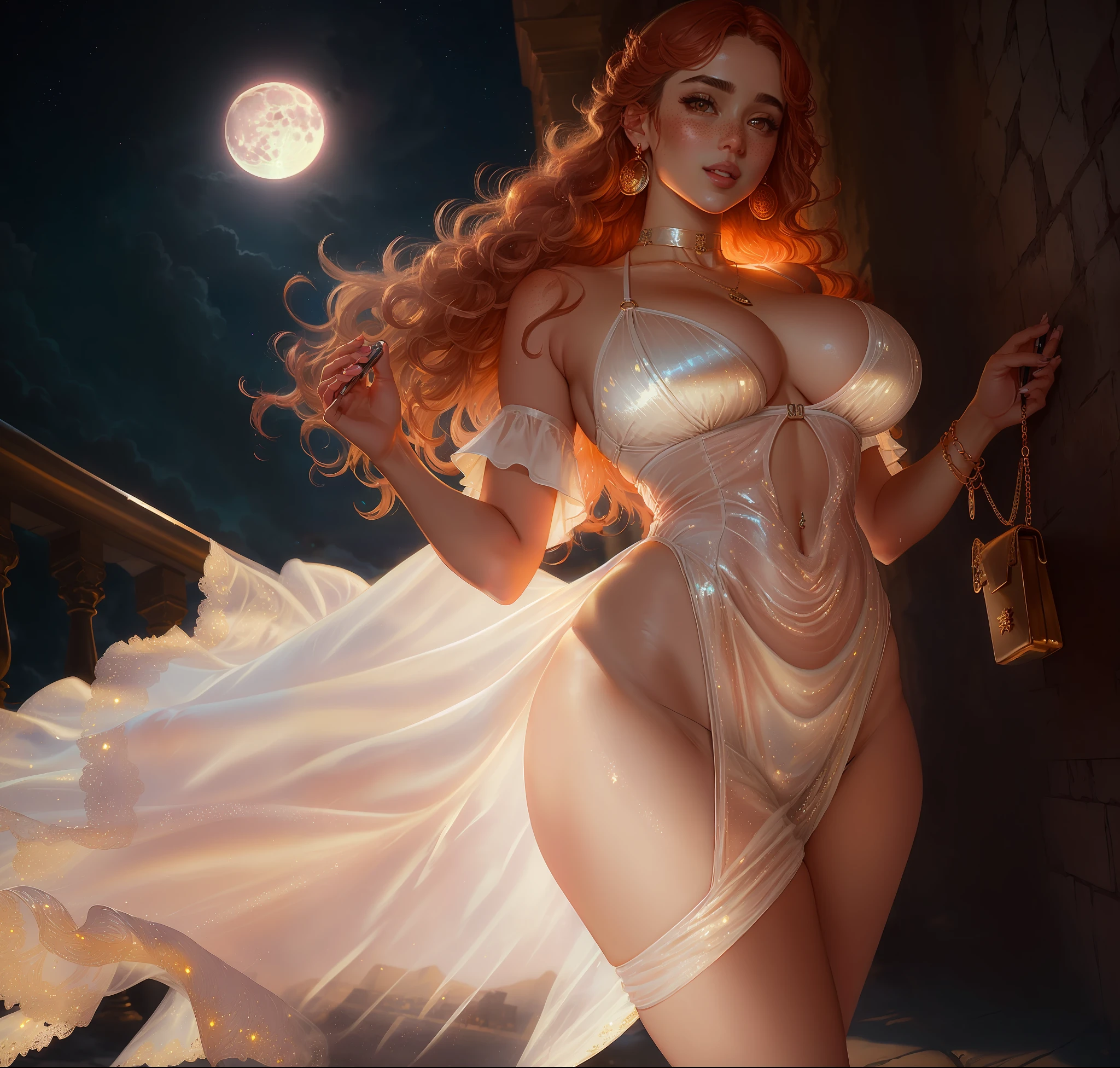 masterpiece, highest quality, (solo), (perfect face:1.3), (high detail:1.1),dramatic, 1girl, (pale skin), long white hair, red eyes, (huge breasts), light eyebrows, long hair, night, maid outfit, covered navel, pouty lips, curvy, covered, palace detailed background, art by artgerm and greg rutkowski, cinematic lighting, roses, fashion, balenciaga, Alexander McQueen, glitter, masterpiece, highest quality, (perfect face:1.1) , (high detail:1.1), dramatic, long hair, curvy, large, moon, see-through, night, dress, thighs, navel, half dress, choker, bare shoulders, wide hips, thick thighs, lips, pelvic curtain, toned pelvis, toned hips, milky hips, navel piercings, body piercings, huge breasts, sandals, neck chains, castle, detailed background, art by artgerm and greg rutkowski, cinematic lighting, a closeup portrait of a playful woman, 20 yo, long wet hair, natural, amazing body, pronounced feminine feature, speaking, laughing, festival, [ginger | pink hair], freckles, flirting with camera, side boob, cameltoe (transparent material), ((camel toe)), (red hair, freckles, huge breasts, nearly naked, underboob), sheer loin cloth,