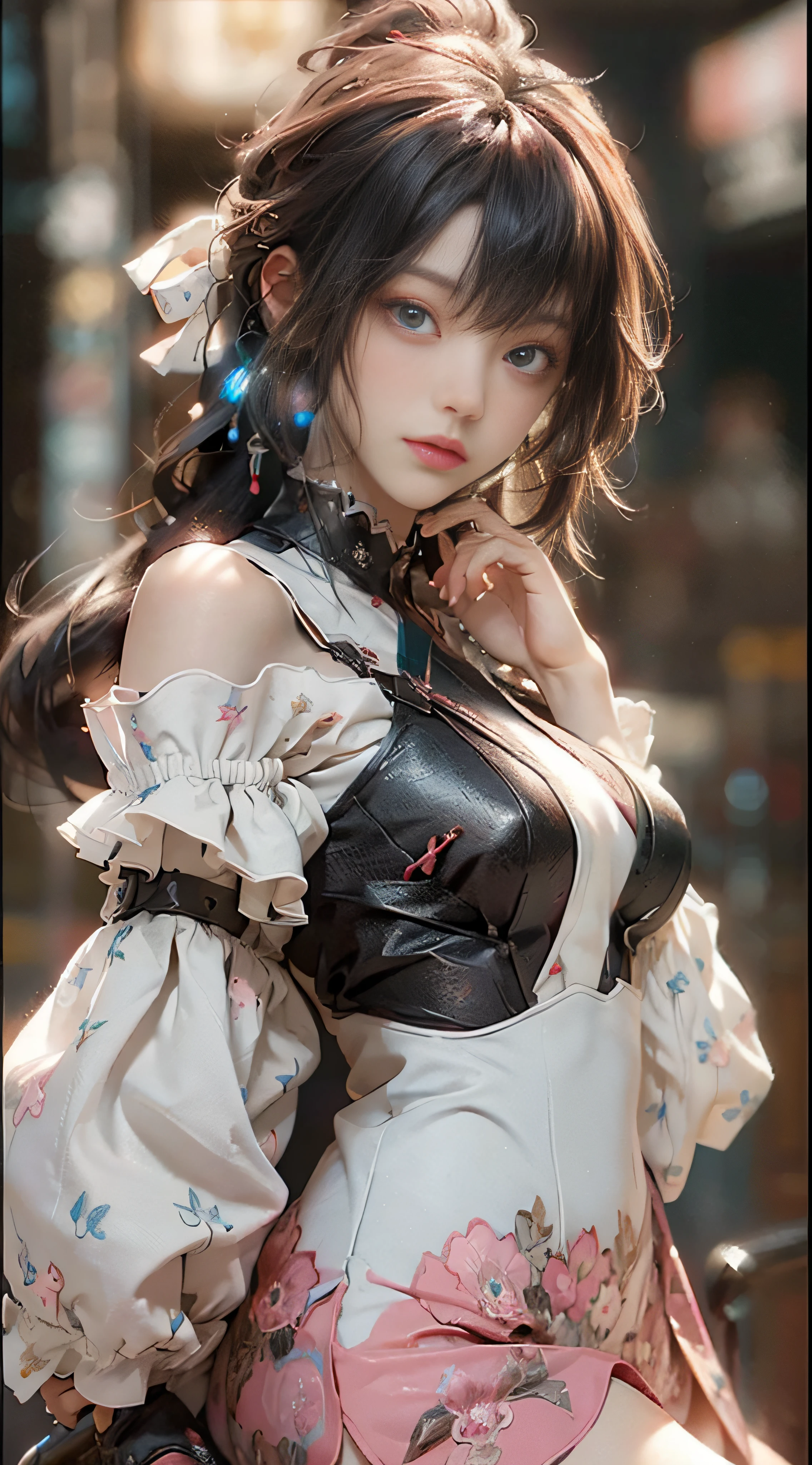 ((Best Quality)), ((Masterpiece)), (Detail: 1.4), 3D, Beautiful Cyberpunk Female Image, HDR (High Dynamic Range), Ray Tracing, NVIDIA RTX, Super Resolution, Unreal 5, Subsurface Scattering, PBR Texture, Post-Processing, Anisotropic Filtering, Depth of Field, Maximum Sharpness and Sharpness, Multi-layer Texture, Albedo and Highlight Mapping, Surface Coloring, Mitsu-Accurate Simulation of Material Interactions, Perfect Proportions, Octane Rendering, Two-color Light, Large Aperture, Low ISO, white balance, regular three-point, 8K RAW, beautiful bright pupils, off-the-shoulder clothes, fine pupils, delicate face and eyes, long eyelashes, blush, delicate and fluffy hair, pink lips, pure, cute, sweet girl, artistic sense, casual wear, high-end sense