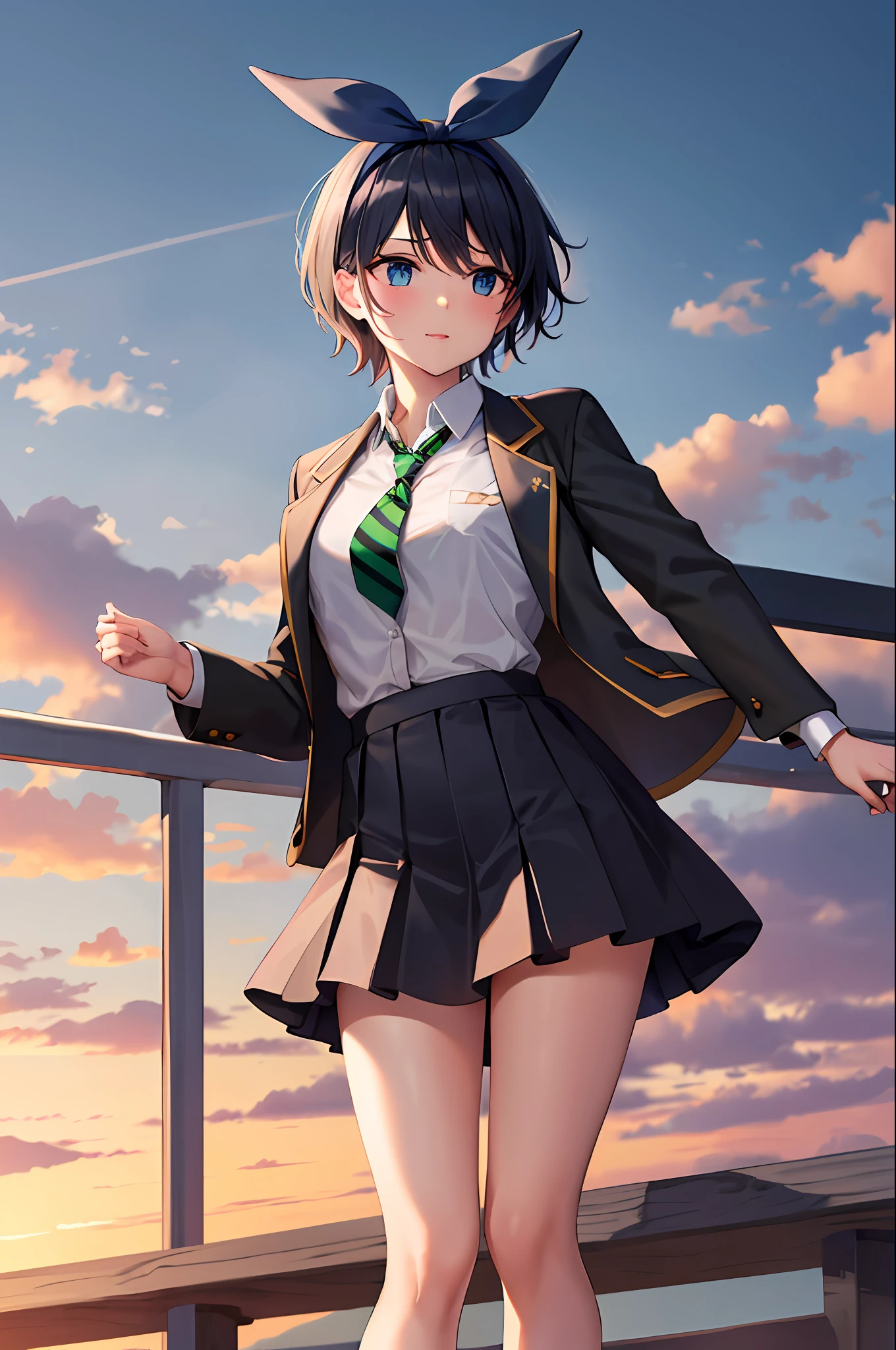 masterpiece, best quality, highres, 1girl, solo, skirt, jacket, shirt, blue eyes, white shirt, necktie, green necktie, black hair, pleated skirt, socks, diagonal-striped necktie, open jacket, open clothes, striped necktie, collared shirt, black jacket, black skirt, striped, blazer, short hair, long sleeves, bangs, school uniform, black socks, diagonal stripes, hairband, hair ribbon, ribbon, blue hairband, dress shirt, bow,  cowboy shot