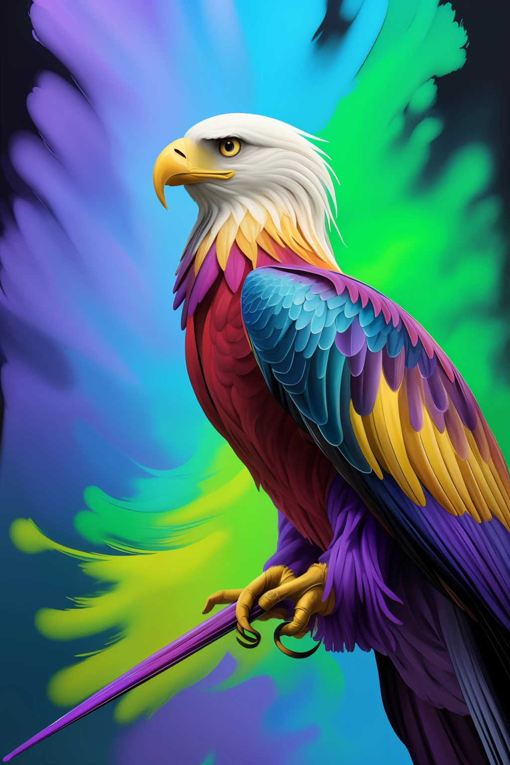 Colorful Eagle: A 28-year-old Giru, oil painting, perfect feathers, blue yellow colors, light purple and violet additions, light red additions, intricate details, welcome screen, 8k resolution, masterpiece, artstation digital painting Very smooth ink flow: 8k resolution Photorealistic masterpiece: Intricately detailed fluid gouache painting: by Jean Baptiste Mongue: Calligraphy: Acrylic: Watercolor Art, Professional Photography, Daylighting, Maximalist Volumetric Lighting Photoillustration: by Marton Bobzert:, Complex, Elegant, Expansive, Fantastic, Vibrant, Best Quality Details, Realistic, High Definition, High Quality Texture, Epic Lighting, Motion Picture Still, 8k, Soft Lighting, Anime Style, Masterful Playing Card Edge, Random Colorful Art, Oil Painting, Blue Yellow Colors, Purple Color Additions clear and violet, light red additions, intricate details, welcome screen, 8K resolution, masterpiece, artstation digital painting Very smooth Black ink flow: 8K resolution Photorealistic masterpiece: intricately detailed fluid gouache painting: by Jean Baptiste Mongue: Calligraphy: acrylic: watercolor art, professional photography, natural lighting, volumetric lighting Maximalist photoillustration: by Marton Bobzert:, complex, Elegant, expansive, fantastic, vibrant