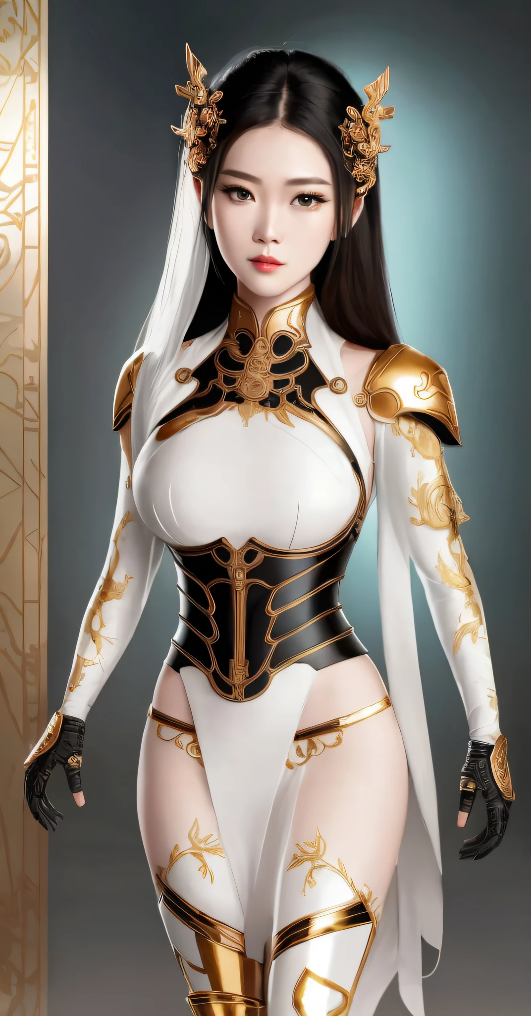 a woman in a white and gold costume with a sword, intricate white and gold armor, heavy white and golden armor, glossy white armor, porcelain cyborg armor, ornate white and gold armour, sleek white armor, very stylish fantasy armor, in white futuristic armor, a beautiful fantasy empress, elegant armor, smooth white tight clothes suit, full body xianxia, white armor