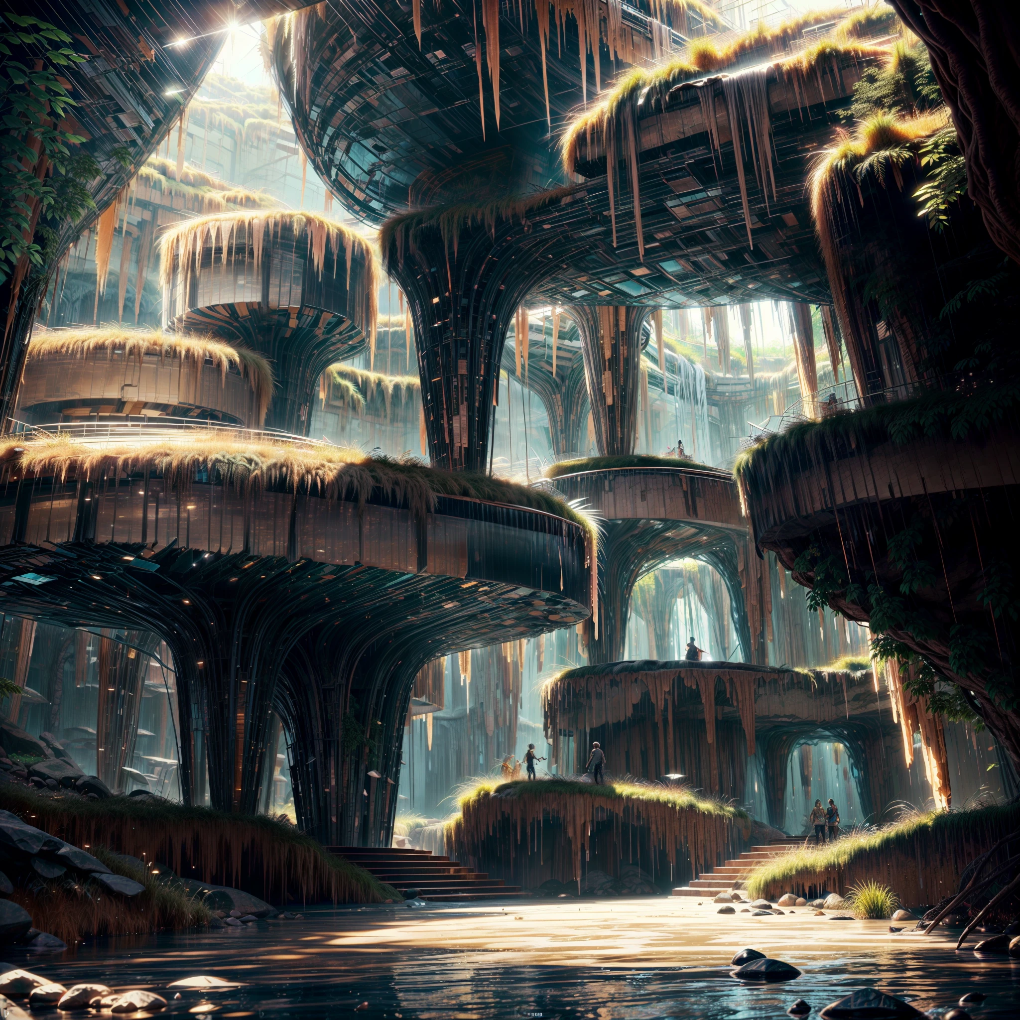 :an awesome sunny cheerful day environment concept art of Futuristic design of cave architecture interiors concept art on grand Canyon caves nature architecture, proportional,detailed, cave architecture nature meets futuristic architecture on a rainforest jungle cliff with huge waterfalls,Crepuscular rays, nature meets modern architecture in the style of Aries Moross, Rem Koolhaas,Daniel Libeskind, Jean Nouvel, Paolo Soleri,Toyo Ito and Philip Johnson with Dry brush drawing style ,Chiaroscuro village,cliff side residential area, mixed development,nature architecture,bright colors,high rise made up staircases, balconies, full of glass facades,carved from rocks, masterpiece, proportional, detailed, trending on artstation, beautiful lighting, realistic, intricate