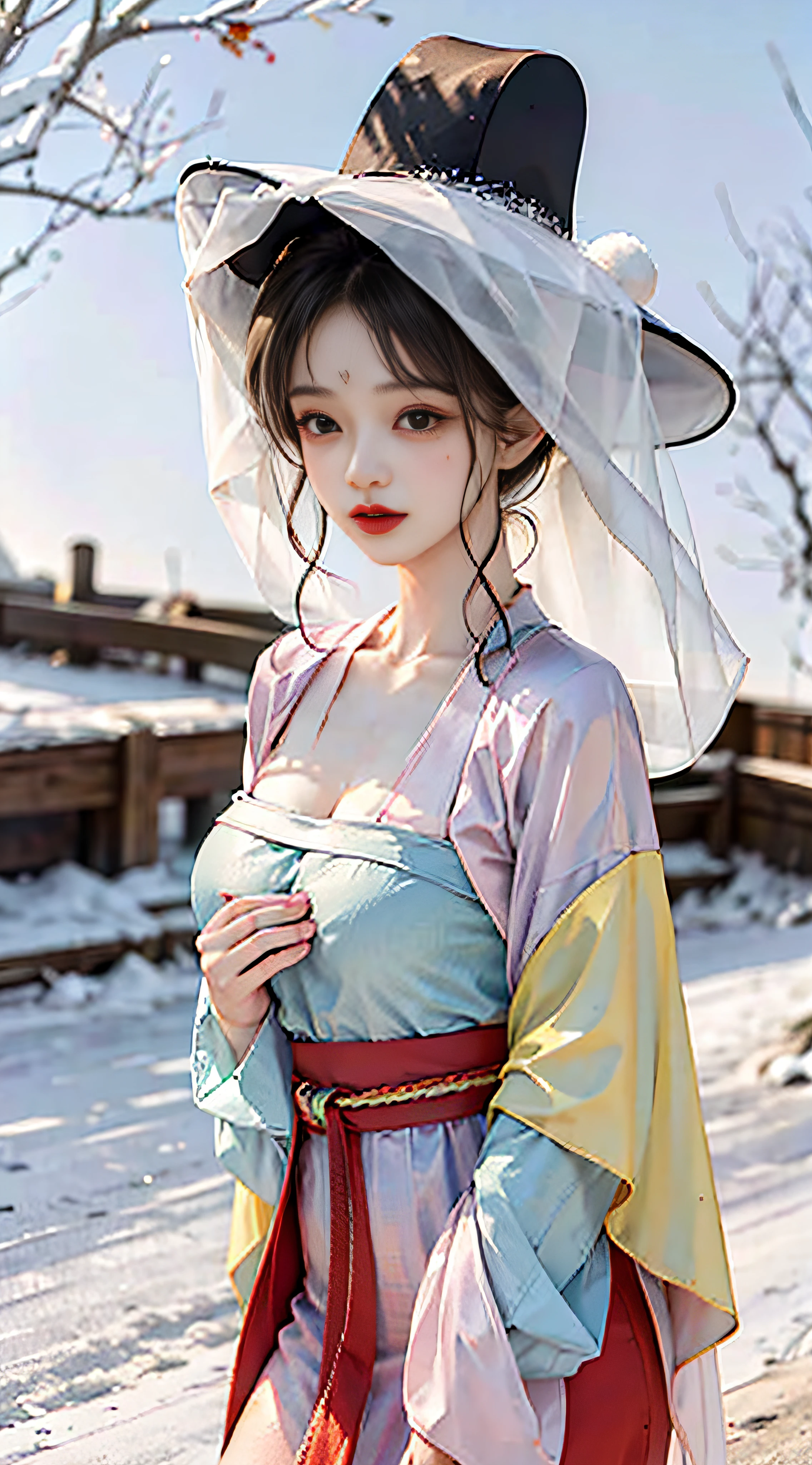 1girl, weimao hat, masterpiece, best quality, 8k snow, big and beautiful breasts