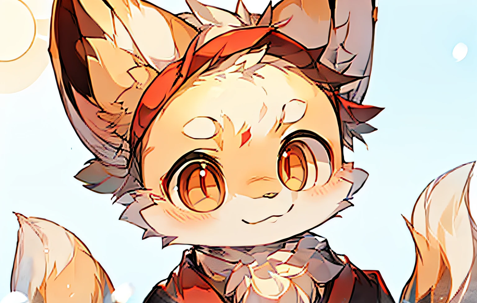 White fur,Snow white all over,Cat ears,fox tails,Red pupils,Small bells,Sweet smile,The sun shines,Cute boy,-like face。