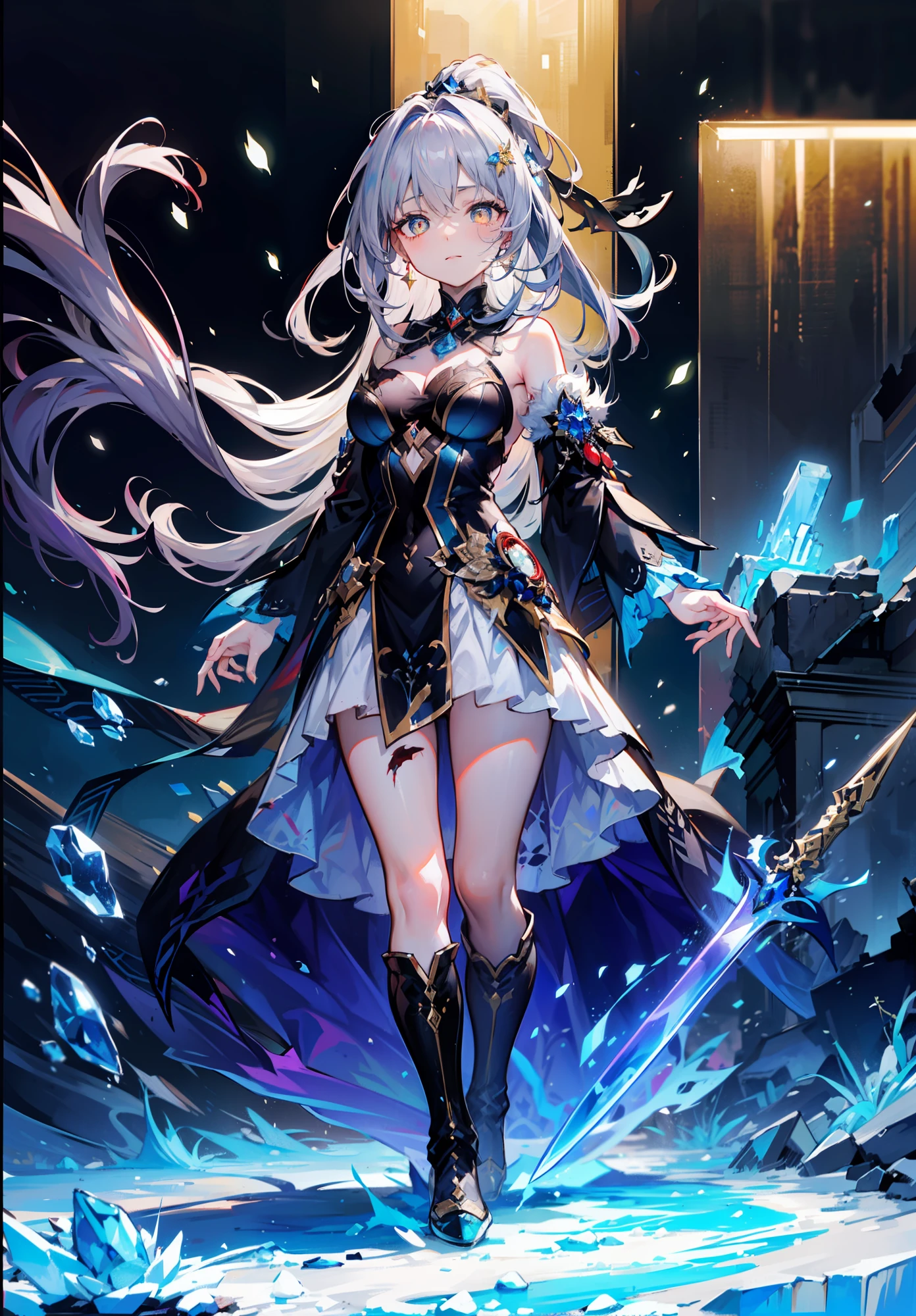 32K,((full body photograph,ultra wide angle)),(Light blush, insane smile, Golden eyes, blurryforeground, vanishing point, Lens flare, front facing),((flocos de neve,A great sword made of ice crystals,Ice crystals or ice cubes,In the ruins covered with ice crystals,A girl holds a large sword made of ice,High ponytail of silver-white,Bangs pick dye,Red infracing,hair clip,Ruby earrings,Golden pupils,Broken clothes,Dress dress)),(Delicate and cute facial features,(Carefully portrayed eyes,Detailed pupils,The picture shows snowflakes falling one after another,bloodstain,Blood,scar,wounds)),(glowing butterfly,praying)。break,(full body photograph,strong contrast between light and dark,The shadows deepen),(Night scene),absurdities,high resolutions,hyper detailed,Realistic shadows with layers。break,Rendering effects,natrual light,cool tone,(Particle effects),The lens is blurry,(snowdrifts)。Fisheye lens effect。Glowing particles,Dappled light and shadow,building。break, Dark blue background, Distance fog, Emotional and compelling visual impact, (depthoffield)