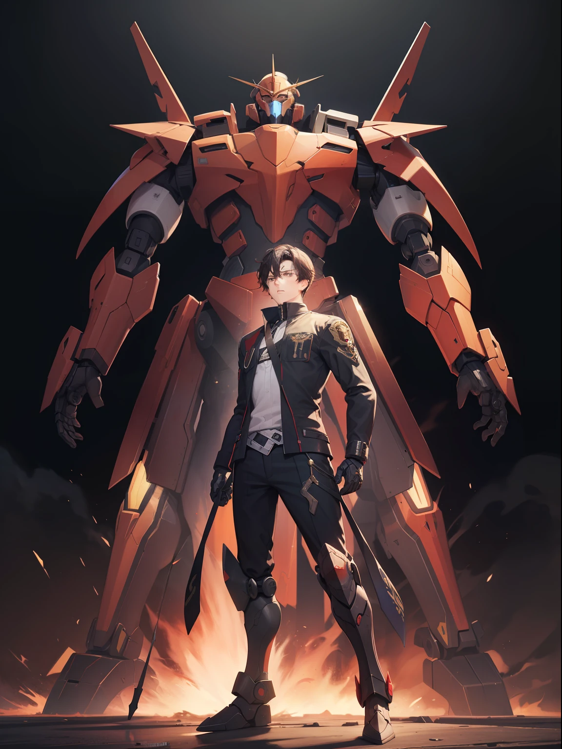 1boys(Boy Lang,Dressed armed mech(Huge mech,Mecha chest transparent cabin(Mech operator))),Standing painting(Stand up,Aggressive stance)