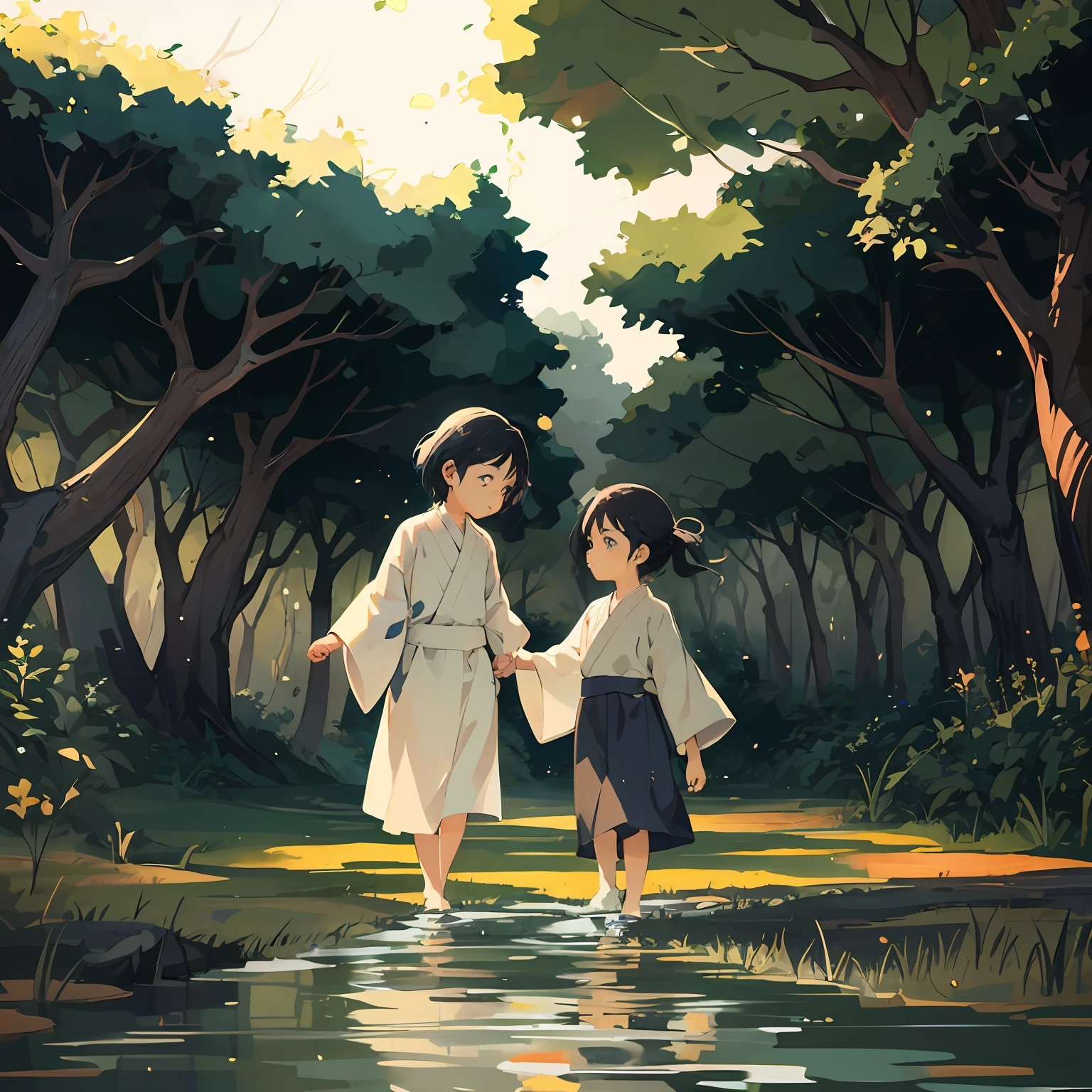 there are two children walking down a path in the woods, a beautiful artwork illustration, childrens art in artstation, Adorable Digital Painting, atey ghailan 8 k, cute detailed digital art, by Sim Sa-jeong, cute digital art, by jeonseok lee, rob rey and kentaro miura style, official illustration, children illustration, by Goro Fujita