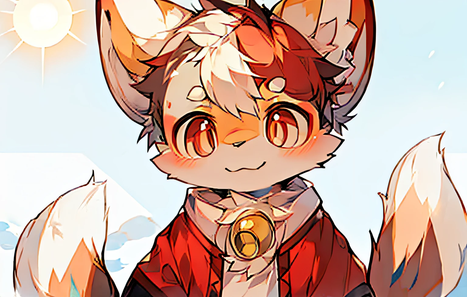 White fur,Snow white all over,Cat ears,fox tails,Red pupils,Small bells,Sweet smile,The sun shines,Cute boy,-like face。