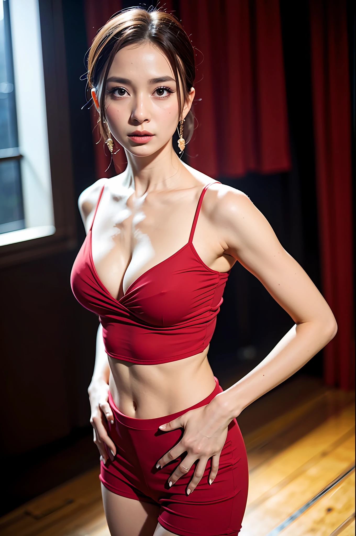Good hands, 4k, high resolution, masterpiece, best quality, head: 1.3, (Korean K-pop idol), fine skin detail, in focus, (cinematic lighting), clavicle, morning, soft lighting, dynamic angle, [: (face detail:1.2):0.2], armpit wrinkles, thigh gap, red clothes, slender, medium breasts, cleavage, full body,