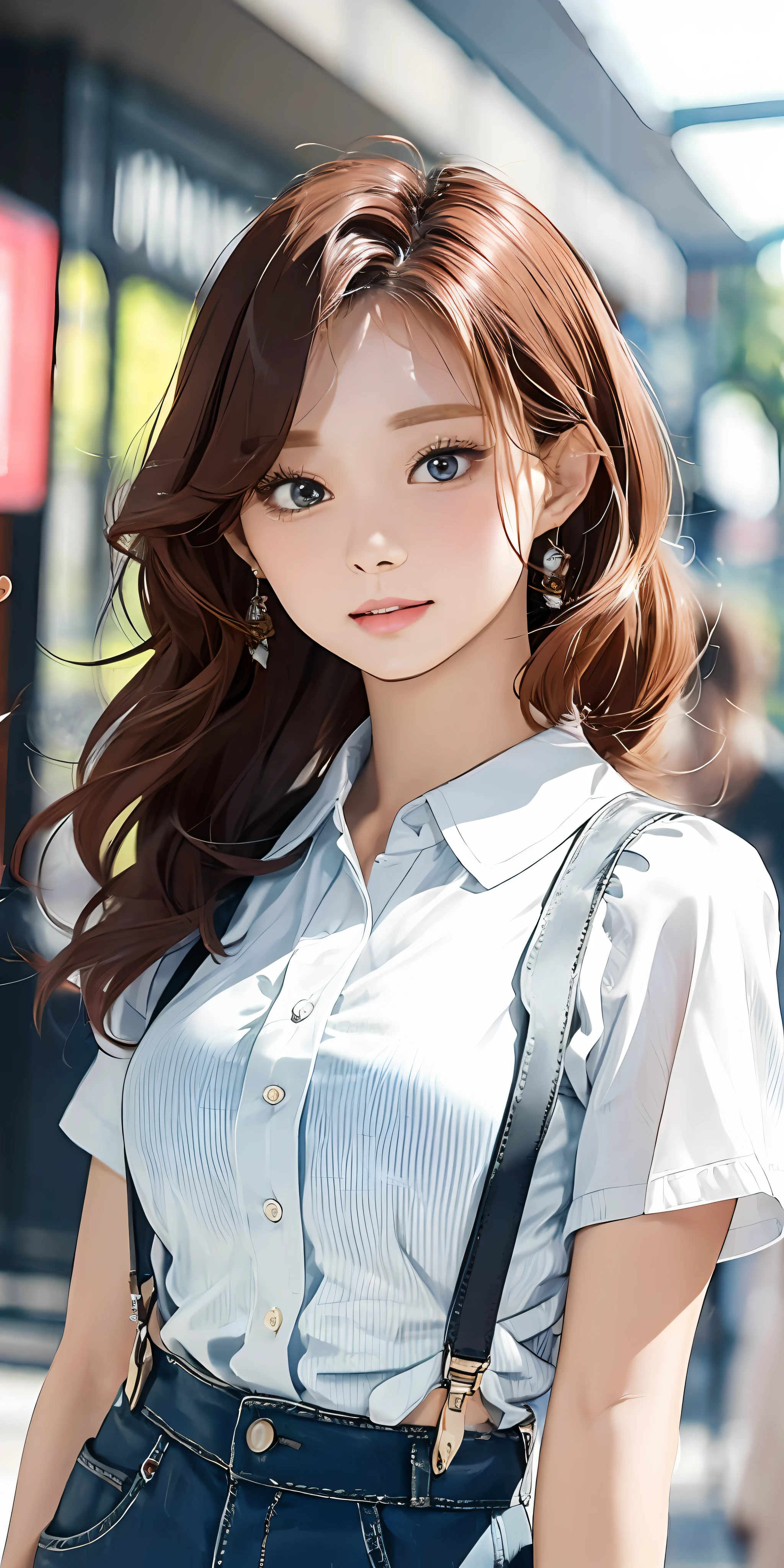 (masterpiece, best quality), beautiful woman, cropped shirt, suspenders, shorts, short wavy hair, asymmetrical bangs, perfect face, beautiful face, alluring, big gorgeous eyes, soft smile, perfect slim fit body, shopping mall, seoul, bright colors