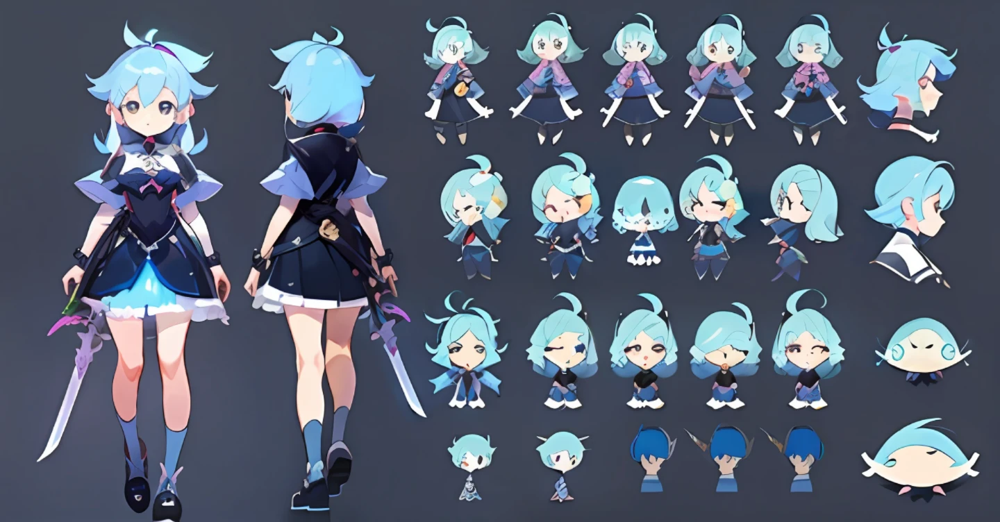 ((masterpiece)),(((best quality))),(character design sheet,Same character full body,front facing,Lateral face,back of back),extremely detailed, highres:1.4, 1girl, chibi:2, little witch girl, holding long sword, cute:1.4, whimsical, glow, glowing, fun, mystical, monster, small, (simplebackground,a white background:1.3)