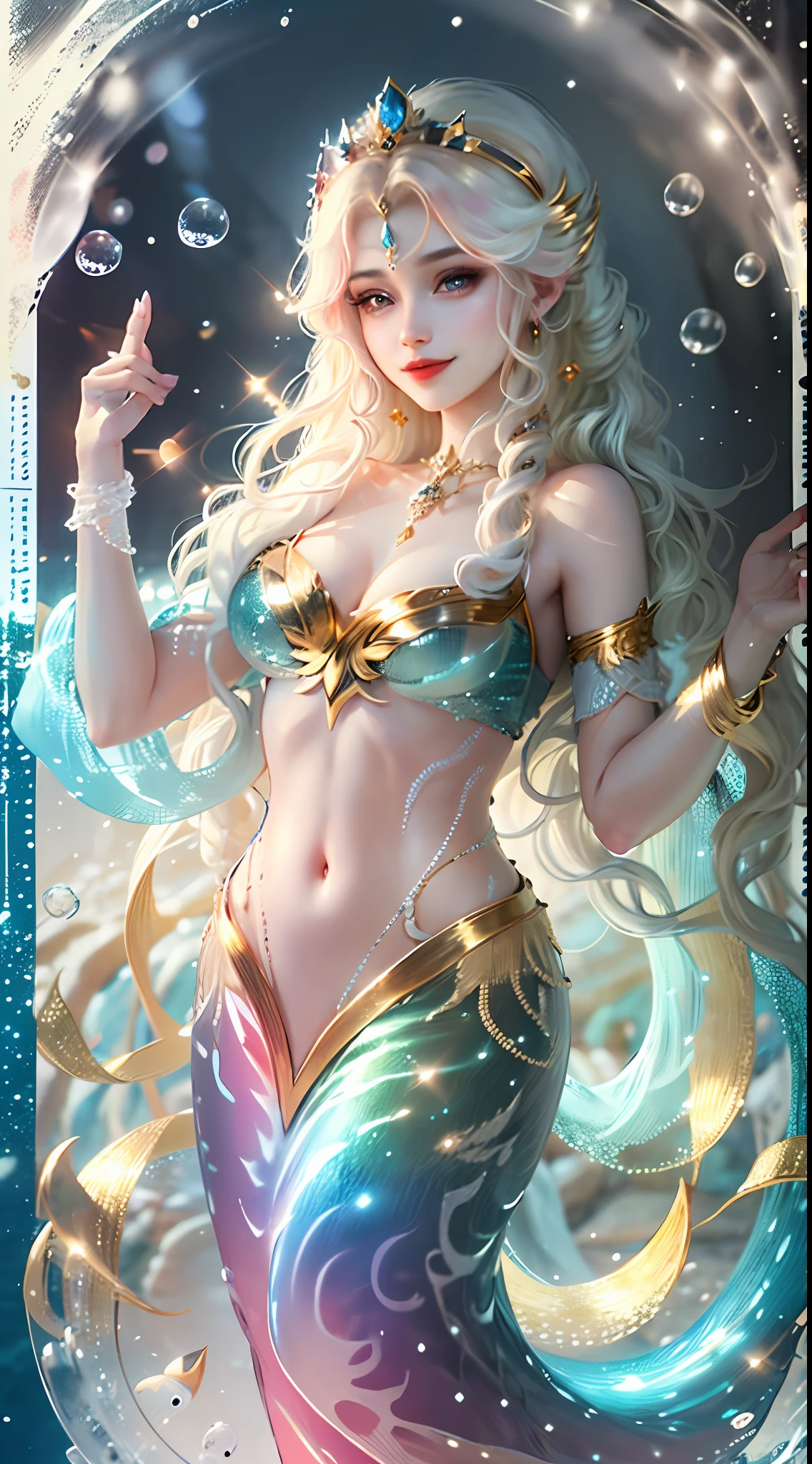 realistness,Wonders of the deep sea,The movie character Mermaid is covered in brilliant golden scales,Glittering,The ears are slender and delicate,colorful bubble,Structured,Full of special effects,Distinctive features,Charming Smile,complete fingers,24k,moist skin,Pose for the camera,Perfect fishtail,tiara、