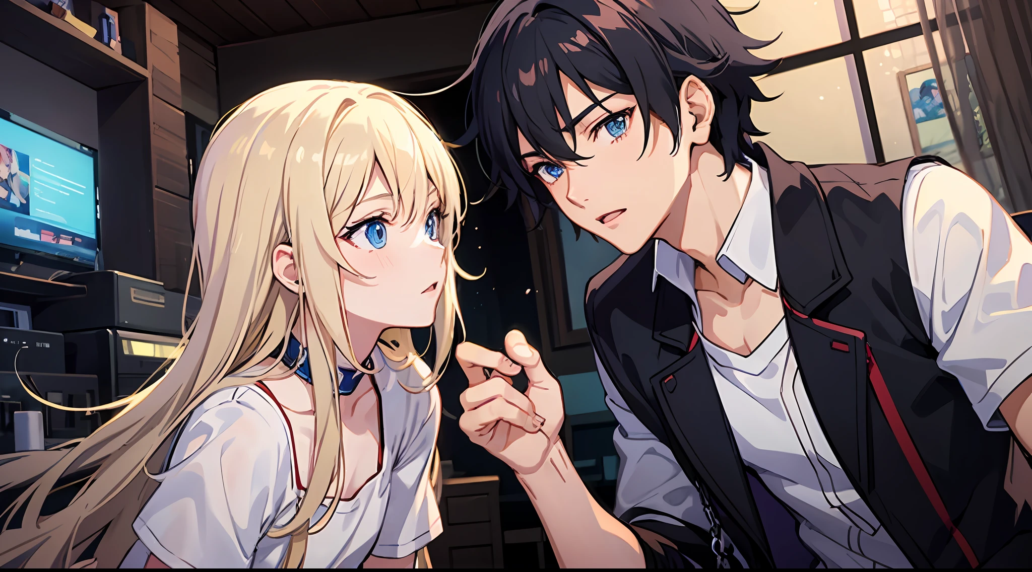 Anime boy with white T-shirt with short black hair，and an anime girl with long blonde hair，In the villa，The boy pushes the girl away with his hand，Tall anime man with blue eyes，young anime man，Anime handsome man，Anime portrait of a handsome man，anime moe art style，Male anime style，inspired by Okumura Masanobu，male anime character，anime boy，High quality anime art style，Handsome anime pose，smooth anime cg art，Time is at night