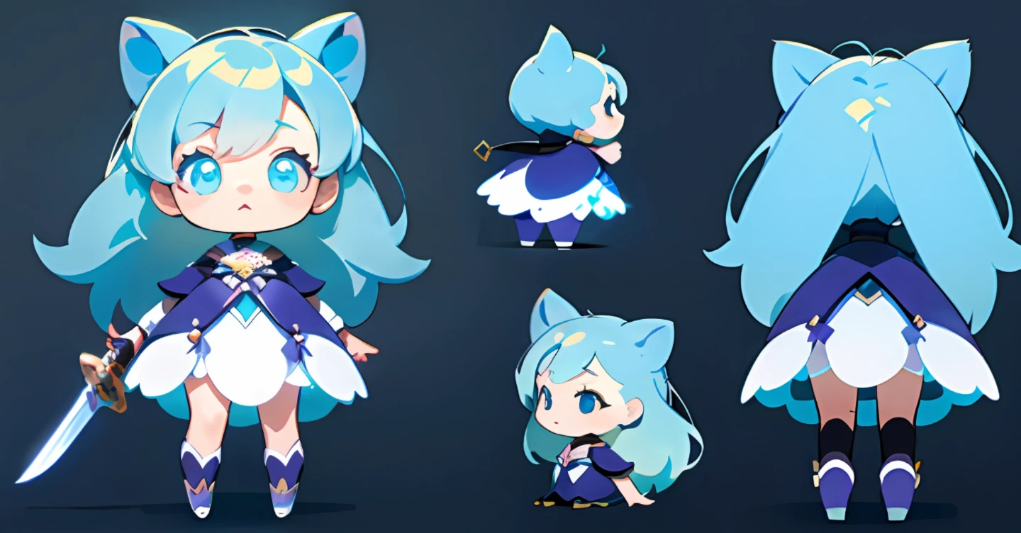 ((masterpiece)),(((best quality))),(character design sheet,Same character full body,front facing,Lateral face,back of back),extremely detailed, highres:1.4, 1girl, chibi:2, little witch girl, holding long sword, cute:1.4, whimsical, glow, glowing, fun, mystical, monster, small, girl(simplebackground,a white background:1.3)