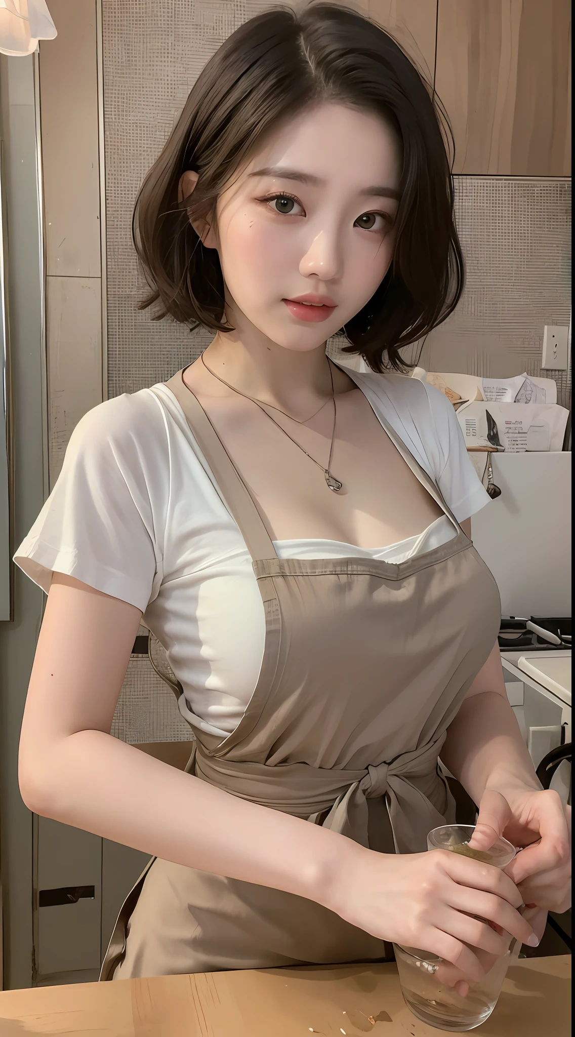 (best qulity,8K,master-piece:1.3),A beautiful woman with a perfect figure:1.4,Short hair in layers,Wear a pendant,Wearing a apron,In the kitchen,highly detailed face and skin,Detailed eyes,Double eyelid,