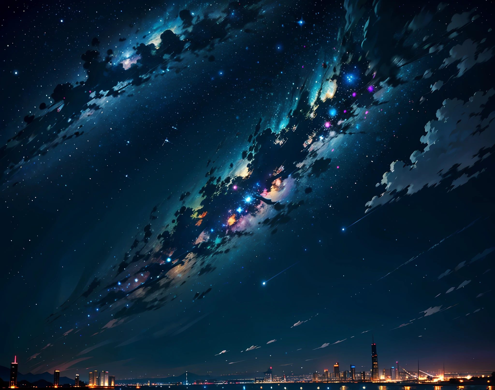 In a starry sky，Schools of fish invite swimming in the sky，Ultra-high resolution, high resolutions, (Masterpiece:1.4), hyper detailed, seen from above,Small schools of black fish ，starry night sky, afloat， --v 6