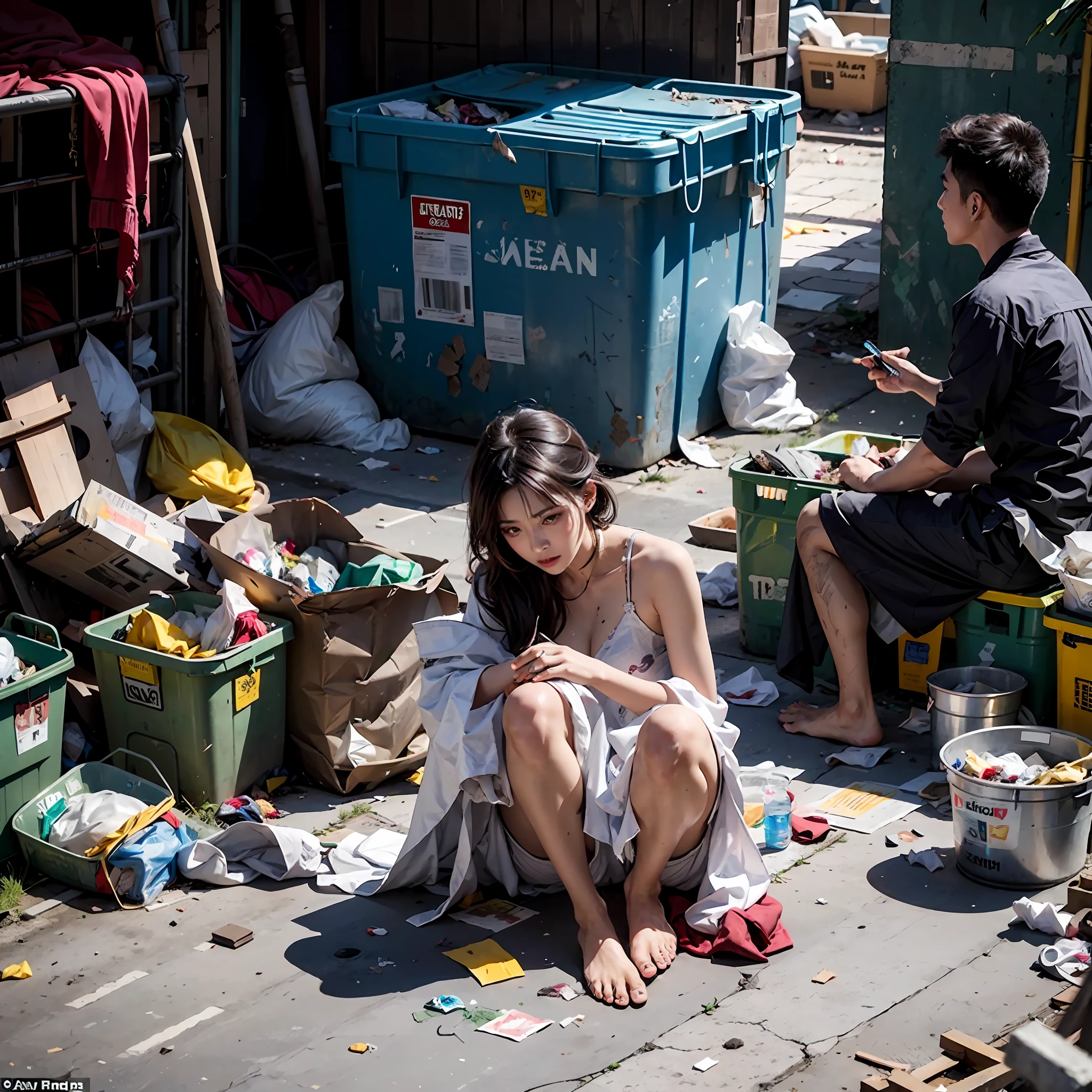 slum，Busy，A lot of men，An Asian beauty，Spread your legs，Garbage all over the ground，filthy， urinate， rubbish， master-piece， the best qualityt， highly detailed，with little clothing，barefeet，sloppy