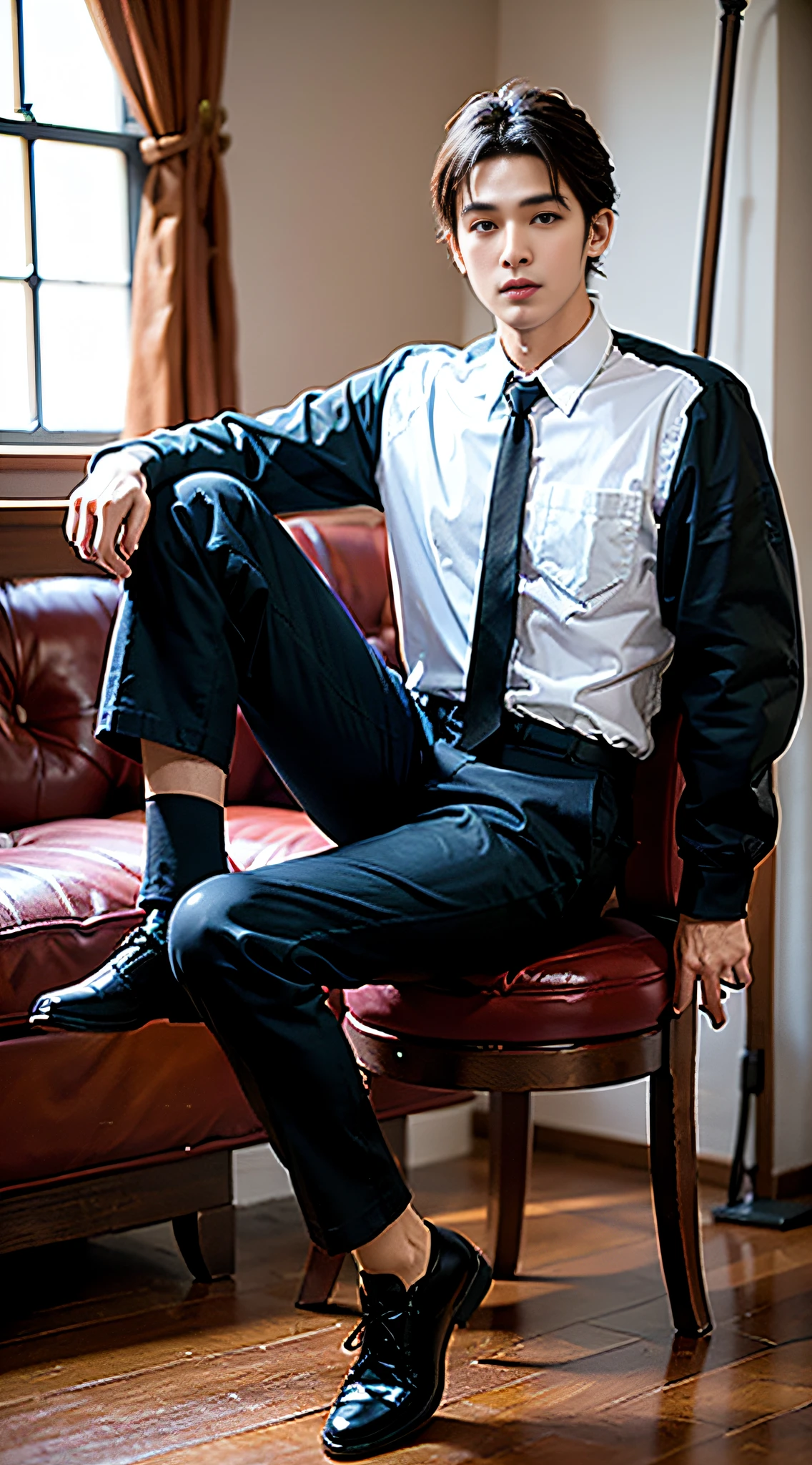 1man, a 30 year old muscular male, wearing a long sleeve white shirt and tie, wearing leather shoes, full body, soft lighting, masterpiece, best quality, 8k uhd, dslr, film grain, Fujifilm XT3 realistic painting art, by midjourney with greg rutkowski