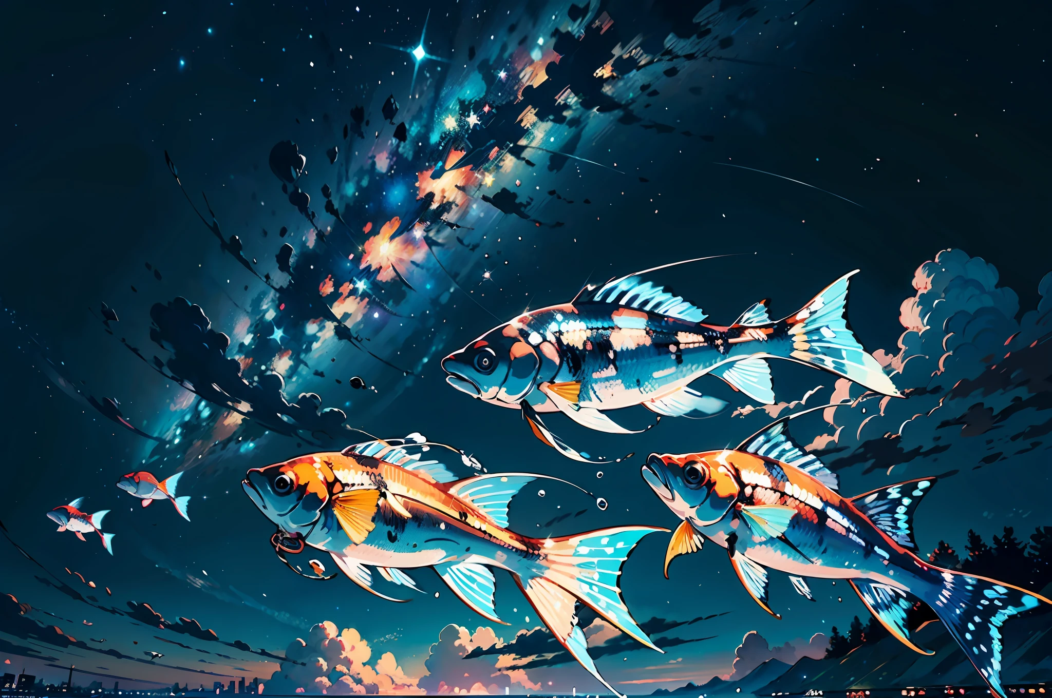 In a starry sky，Schools of fish invite swimming in the sky，Ultra-high resolution, high resolutions, (Masterpiece:1.4),superrealistic ，hyper detailed, seen from above, starry night sky, afloat， --v 6