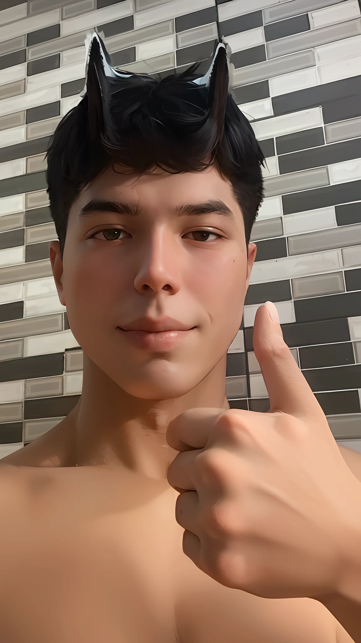 there is a man with a cat's ears on his head, 18 anos, 2 2 anos, Twink, 21 anos, 1 6 anos, rosto largo raspado limpo, 2 3 anos, asian male, rosto raspado limpo, tommy 1 6 anos de idade, caio santos, 2 7 anos