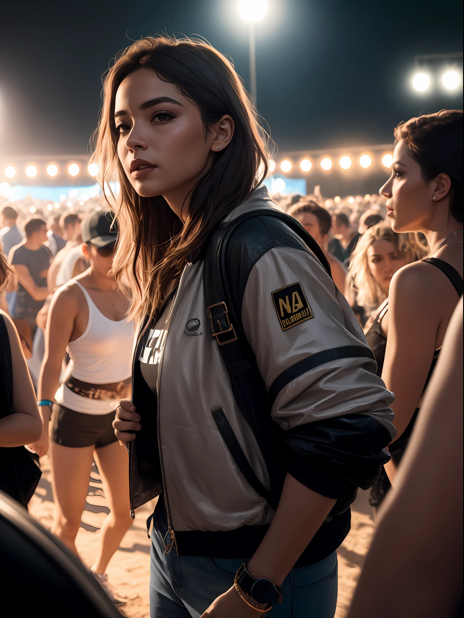 dia, obra-prima, uma linda mulher brasileira com seios enormes e lindos, uma festival rave no deserto em um dia ensolarado, crowded with people, Very detailed lighting, Dramatic, trending digital art in Artstation 8k HD realistic detailed high definition, detalhado, textura da pele, hiper detalhado, textura de pele realista, armadura, melhor qualidade, Ultra alto nada, (fotorrealista: 1.4), Highresolution, detalhado, foto crua, sharp re, por Lee Jeffries Nikon D850 Film Fotografia de Stock 4 Kodak Portra 400 Camera F1.6 lens rich colors hyper realistic texture dramatic lighting unrealengine trend in artstation cinestill 800