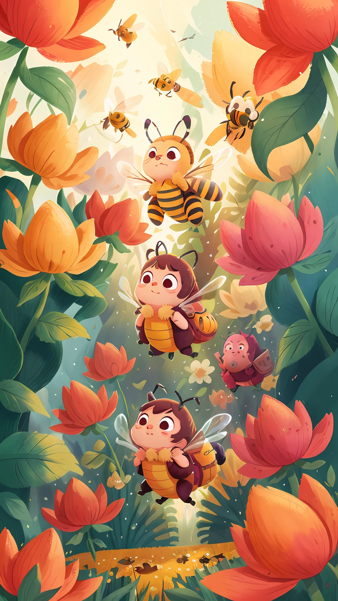 Many bees are flying in the flower field