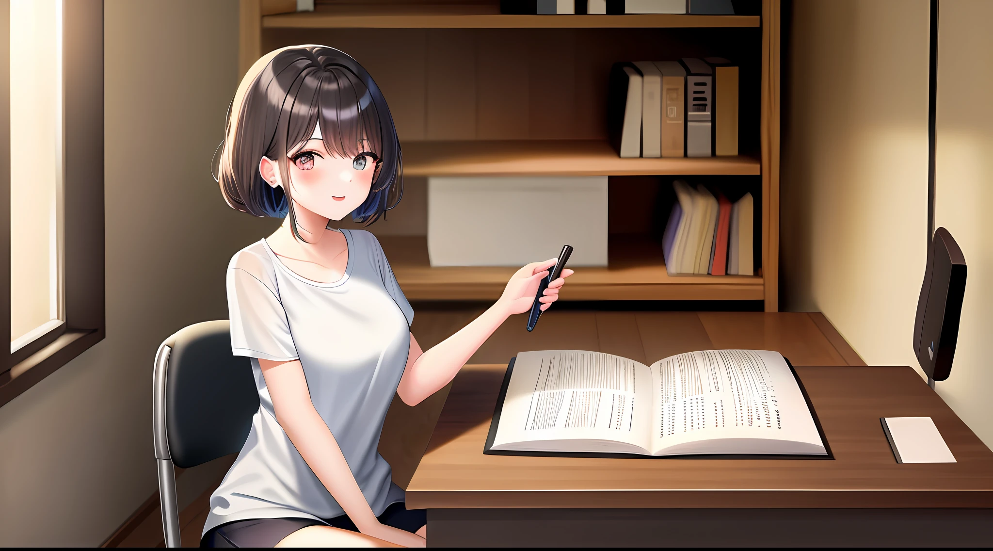 masterwork, maximum quality, Highresolution, a 1 girl, Loose T-shirt、 Girl sitting on chair studying drafting at desk, Study seriously, Good luck studying、drawn、beautifu、a Pretty、18歳