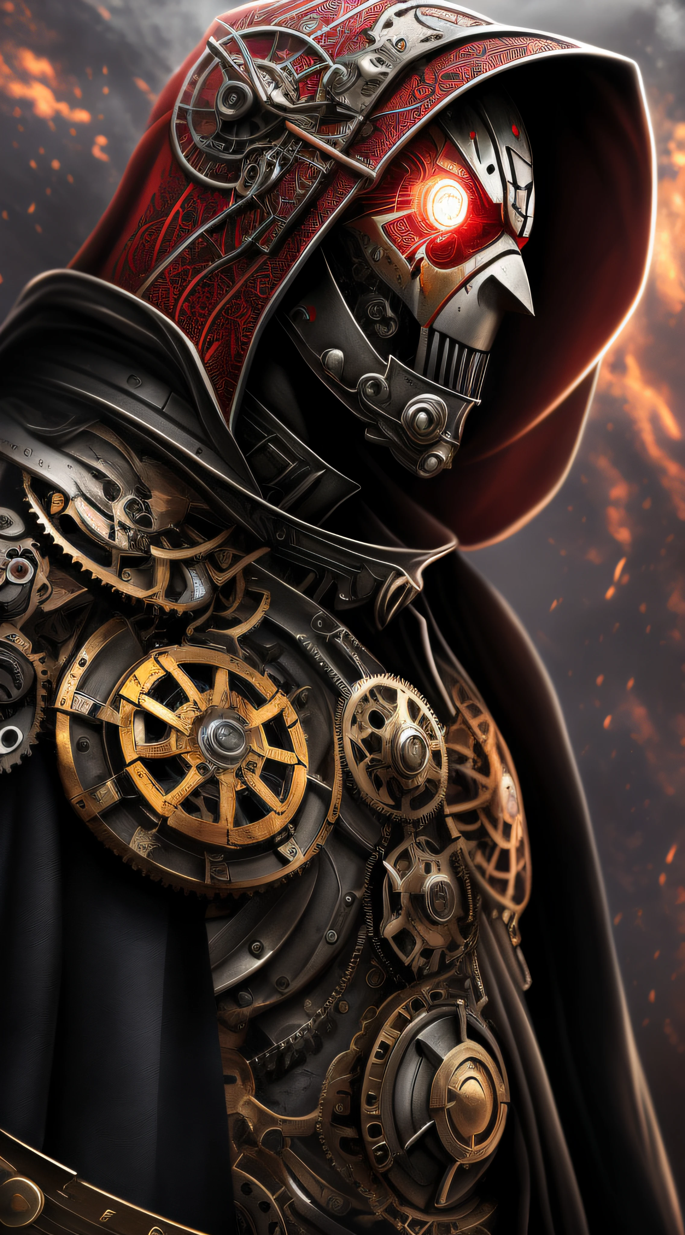 dark fantasy, steampunk, 1man Mechanical marvel, spawn, Robotic presence, Cybernetic guardian, samurai mechanical armour, Katana in hand, absolutely stunning art, wearing a black cloak, highest quality art, highest resolution, hyper detailed, black and red, fine details, Gears, hood