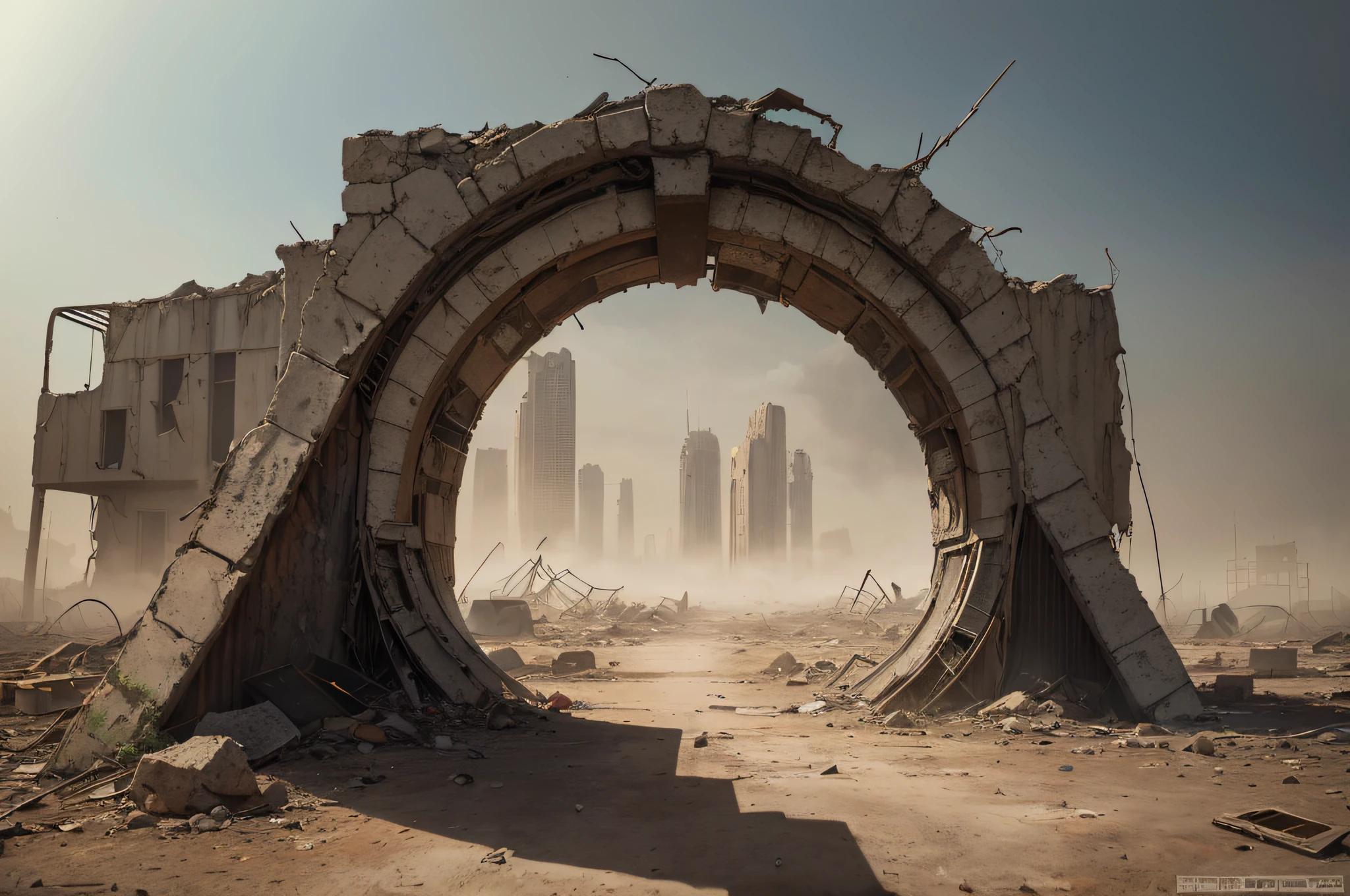 ((photo)), ((best quality)), ((masterpiece)), ((detailed)), ((cinematic), ((captured from eye level)), an apocalyptic wasteland backdrop, with random metal junk and debris and a dust storm background, a large damaged stone archway is prominent.