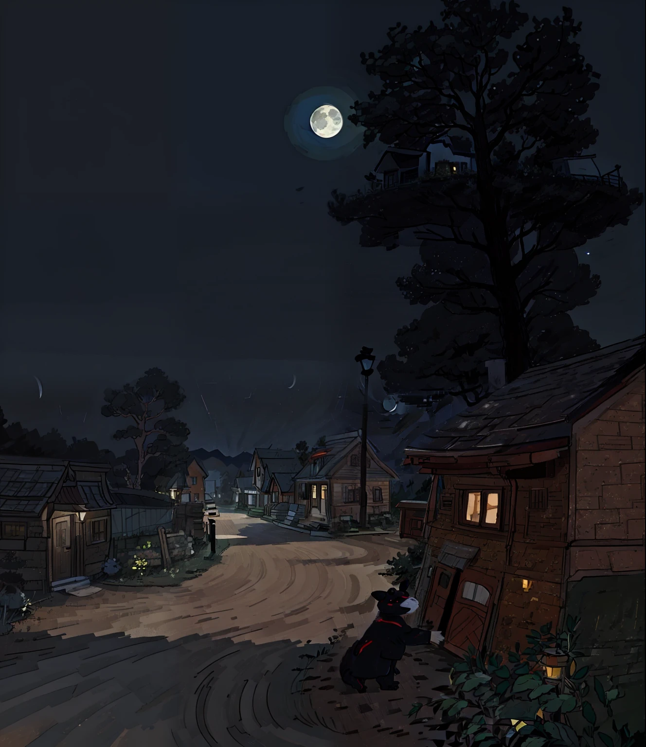 Night view of the countryside at night，（There is a small house on the dirt road：0.5），（tree：1.2），（weed：1.2），Black Dog，With the theme of the night village background，Night rendering and moonlight effects create digitally illustrated, night realistic scenes。- Works by Cheng Zhengkui。