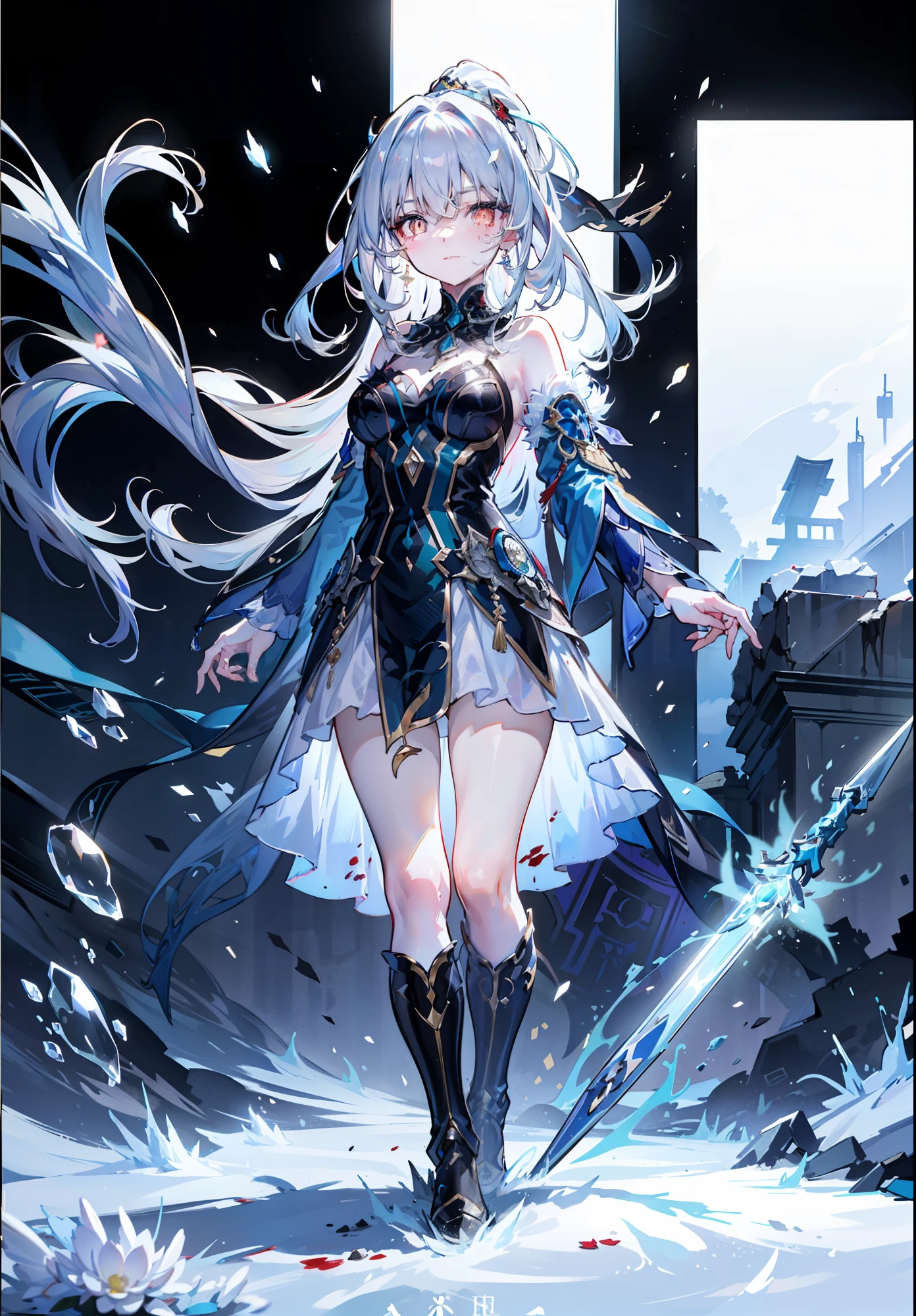 32K，（（full body photograph，ultra wide angle）），（Light blush, crazy smile, Golden eyes, blurryforeground, vanishing point, Lens flare, front facing），（（snowflake，A great sword made of ice crystals，Ice crystals or ice cubes，In the ruins covered with ice crystals，A girl holds a large sword made of ice，High ponytail of silver-white，Bangs pick dye，Red infracing，hair clip，Ruby earrings，Golden pupils，Broken clothes，Dress dress）），（Delicate and cute facial features，（Carefully portrayed eyes，Detailed pupils，The picture shows snowflakes falling one after another，bloodstain，Blood，scar，wounds）），（glowing butterfly，praying）。break，（full body photograph，strong contrast between light and dark，The shadows deepen），(Night scene)，absurdities，high resolutions，hyper detailed，Realistic shadows with layers。break，Rendering effects，natrual light，cool tone，（Particle effects），The lens is blurry，（snowdrifts）。Fisheye lens effect。Glowing particles，Dappled light and shadow，building。break， Dark blue background， Distance fog， Emotional and compelling visual impact， （depthoffield）