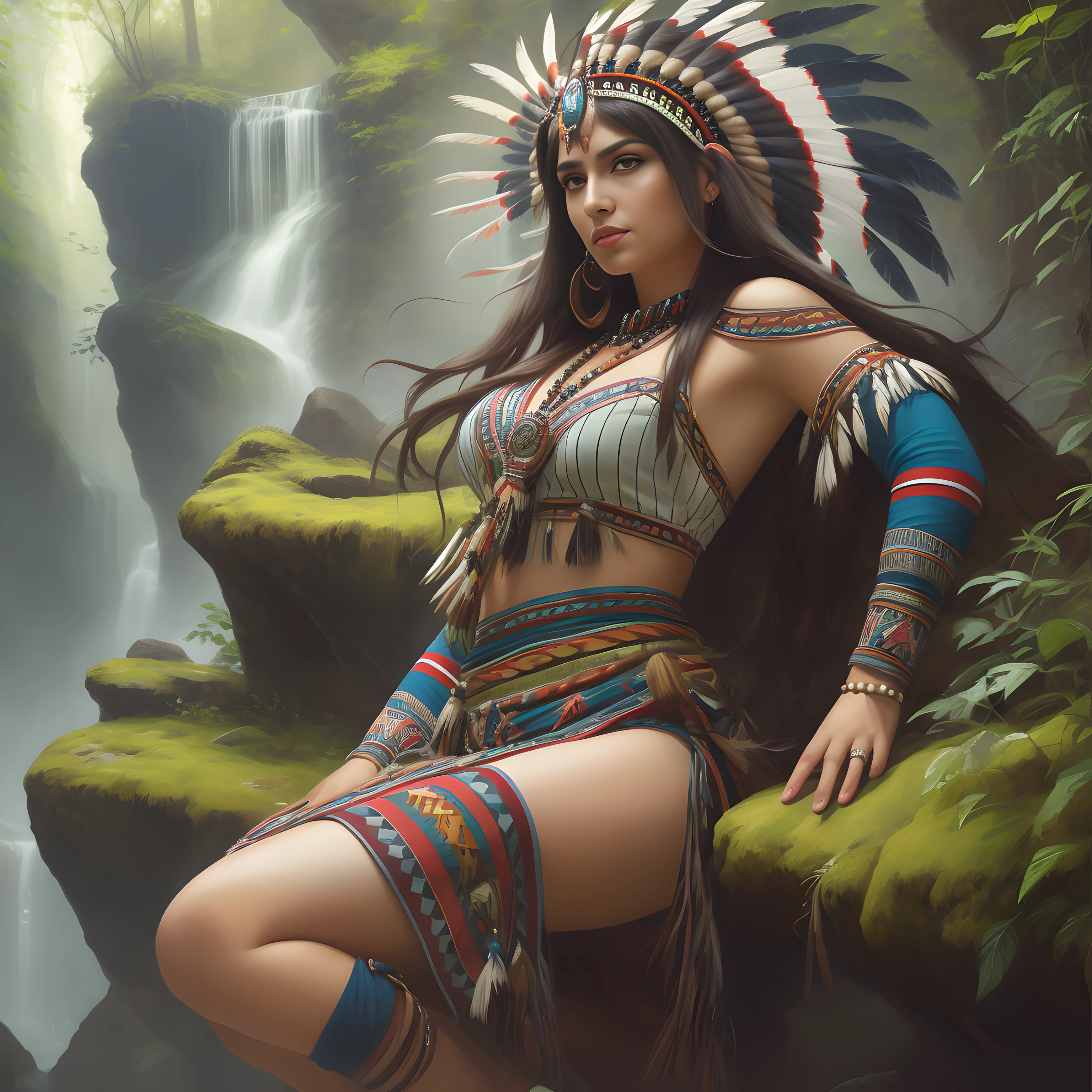 Arafed Mujer con vestido nativo sentada en una roca frente a una cascada, Retrato de la princesa apache, : native american shamen fantasy, Reina apache, Diosa guerrera apache, Arte WLOP, Emperatriz apache, Artgerm Julie Bell Beeple, intrincado WLOP, hermosa doncella, fantasy art behance, WLOP. 4 mil, digital fantasy art )