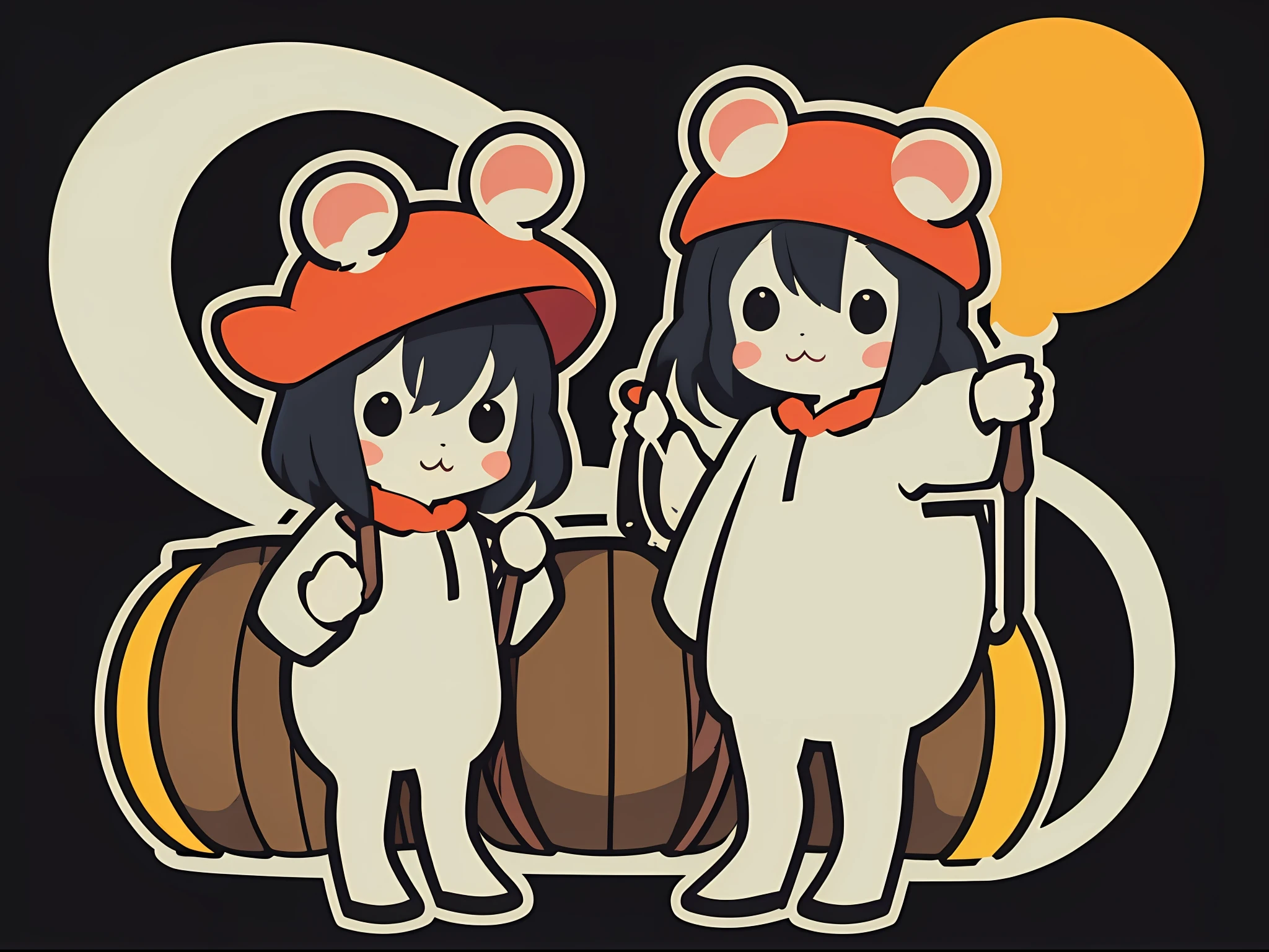 Cute mascot、Twin marmots with liquor barrels、Spaced out、full - body、Simple、No background