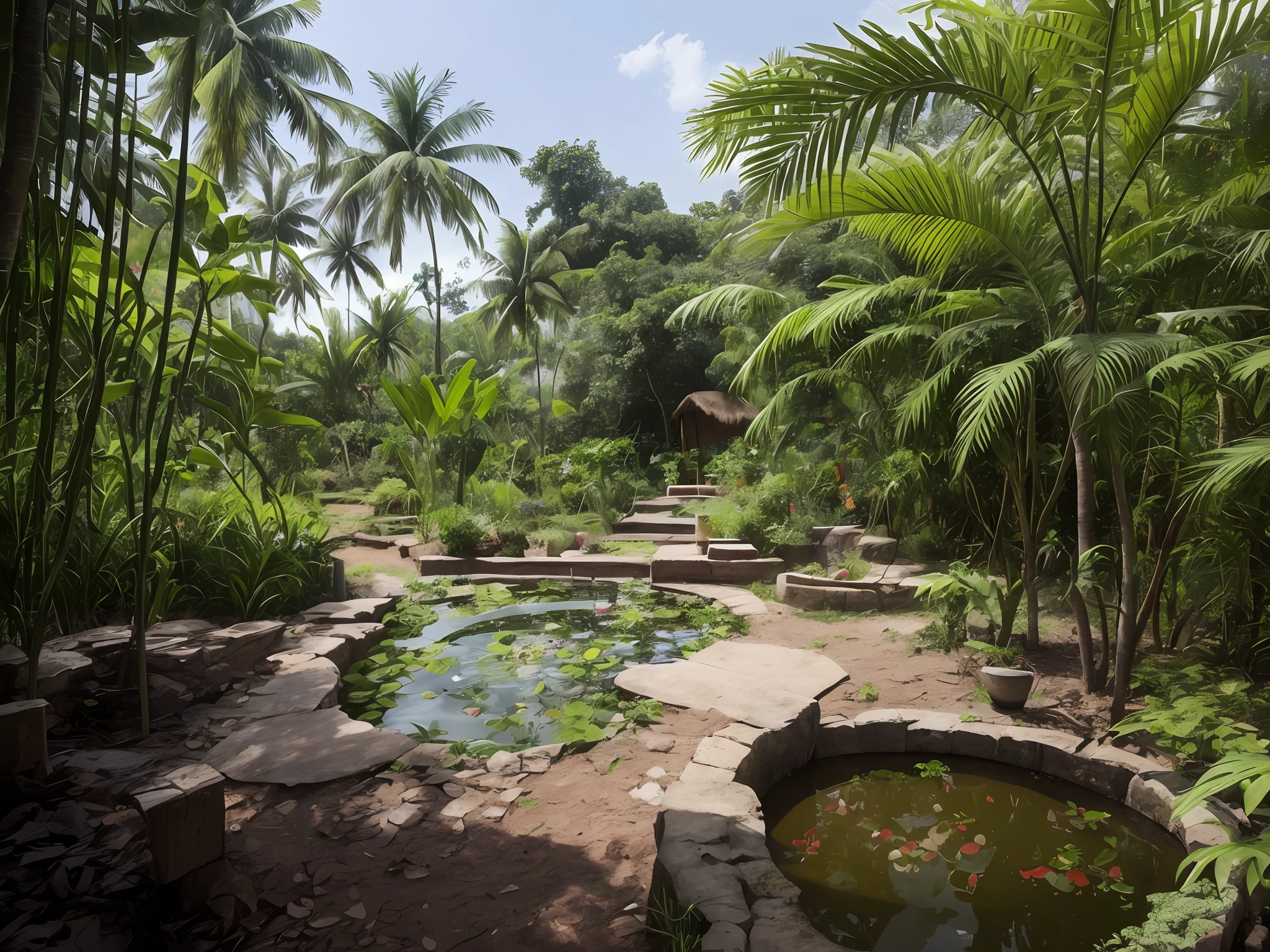 there is a small pond in the middle of a yard, kerala village, garden with fruits on trees, next to farm fields and trees, jungle in background, in the background is lush jungle, amidst of nature fully covered, with a fishpond and courtyard, near pond, the jungle at the background, captured with sony a3 camera, lush garden in the background