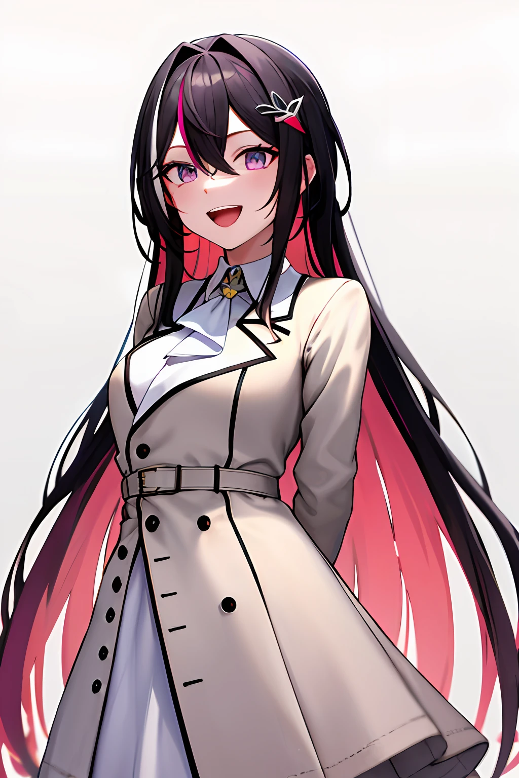 masterpeace, best quality, highres, 1girl, solo, multicolored hair, pink hair, purple eyes, black hair, dress, colored inner hair, hair between eyes, white dress, brown jacket, two-tone hair, jewelry, long sleeves, x hair ornament, bangs, bracelet, very long hair, streaked hair, hairclip, standing, cowboy shot, smile, street, arms behind back, open mouth, white background,