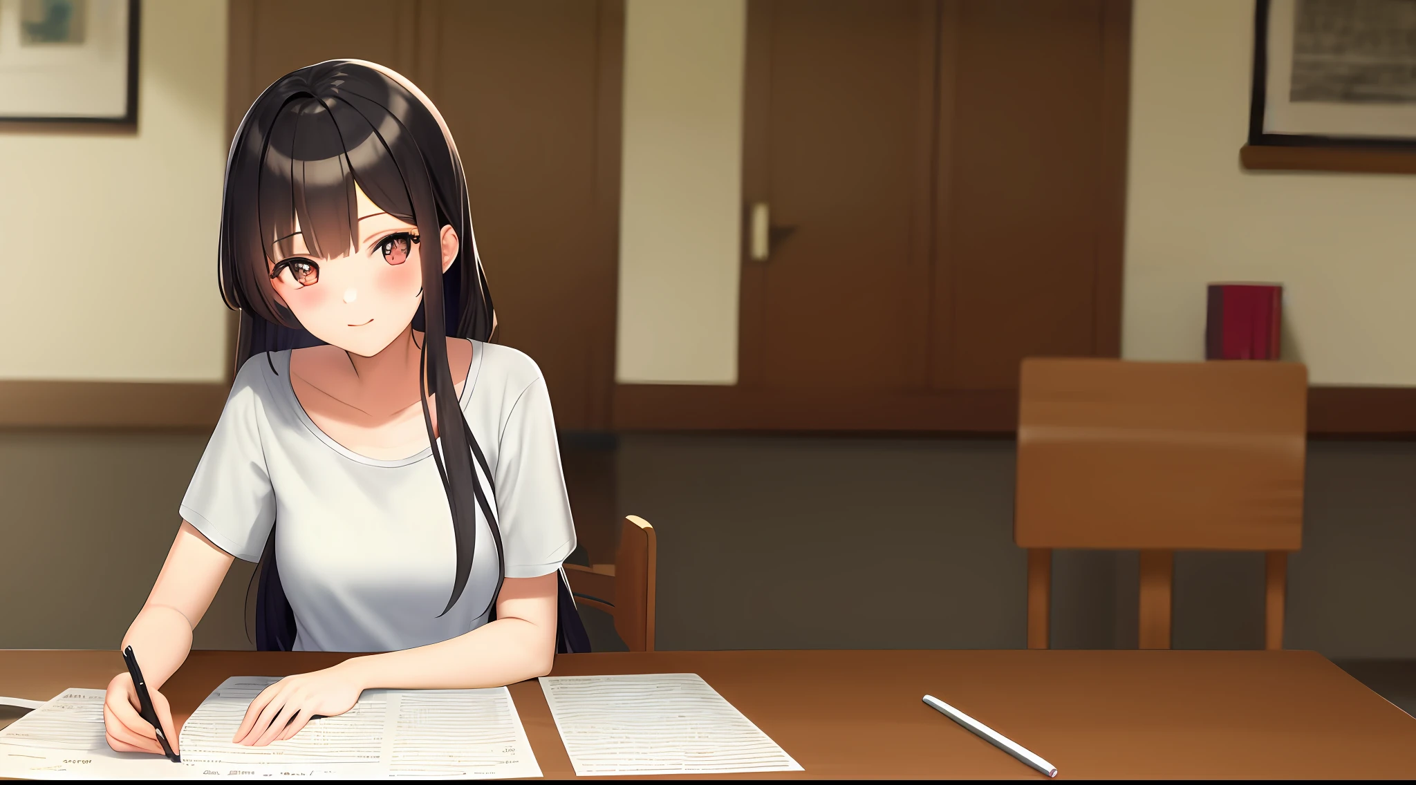 masterwork, maximum quality, Highresolution, a 1 girl, Loose T-shirt、 Girl sitting on chair studying drafting at desk, Study seriously, Good luck studying、drawn、beautifu、a Pretty、18歳