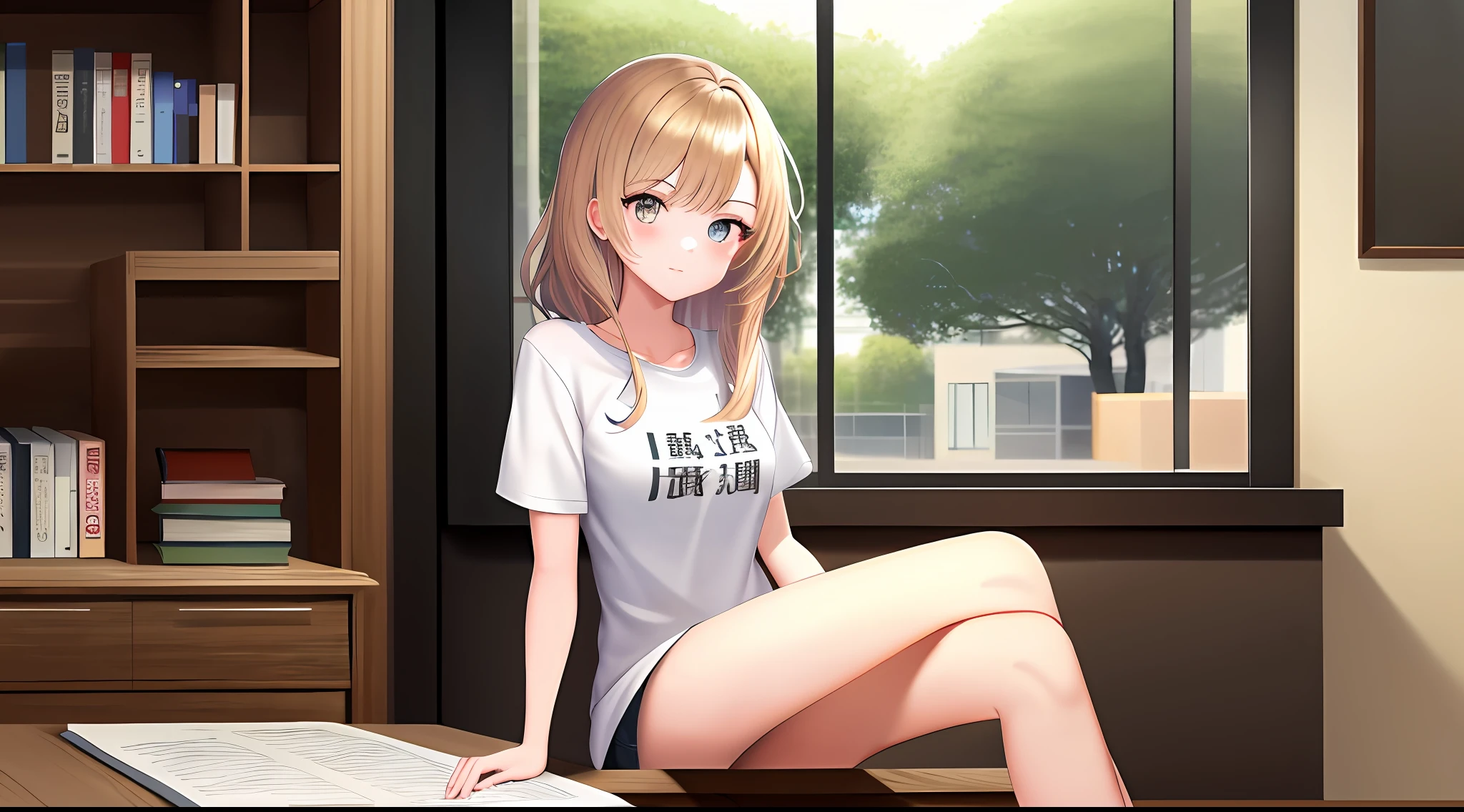 masterwork, maximum quality, Highresolution, a 1 girl, Loose T-shirt、 Girl sitting on chair studying drafting at desk, Study seriously, Good luck studying、drawn、beautifu、a Pretty、18歳