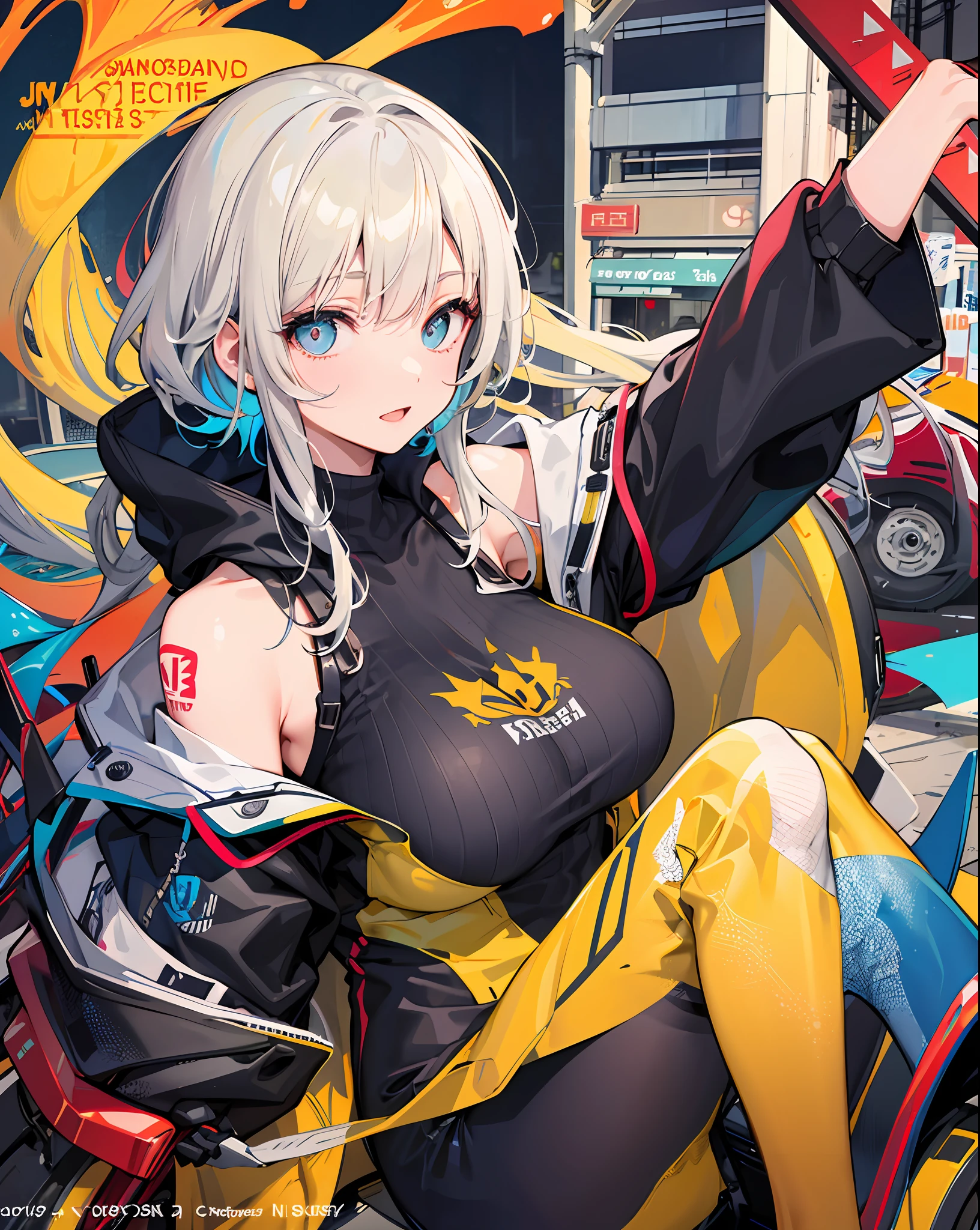 background, mixed-language_text, Japanese letters in graffit, girls, long blonde hair, excellent lighting, sidelighting, perfect ultimate (flat color: 1.3), (magazine_cover: 1.4), (multicolored_background: 1.3), striped_background, card_background, :: discs with sharp and shiny blades in the hand :: circular pieces of white metals glued to the ultra detailed arms coming out sparkling glow, black star design stamped in the middle of the shirt , perfect and detailed, ultra detailed shirt with abstract design and with Japanese letter print in graffiti on the sides of the clothes, image of girls with big breast, on top of a futuristic motorcycle, with immersive effects, hover effect, background graffiti style tribal tattoo with flowers and vibrant colors, "ultra HDR" detailed and with focus effect, (masterpiece: 1.2, best quality), (beautiful eyes with huge eyelashes finely detailed: 1.2), , ((Solo)), (Finely detailed eyes and detailed face :1.3), in various full-body attack poses, (cute background: 1.2),futuristic costume, super detailed circular metals Grabbed on arms and pants, fantastic paintings