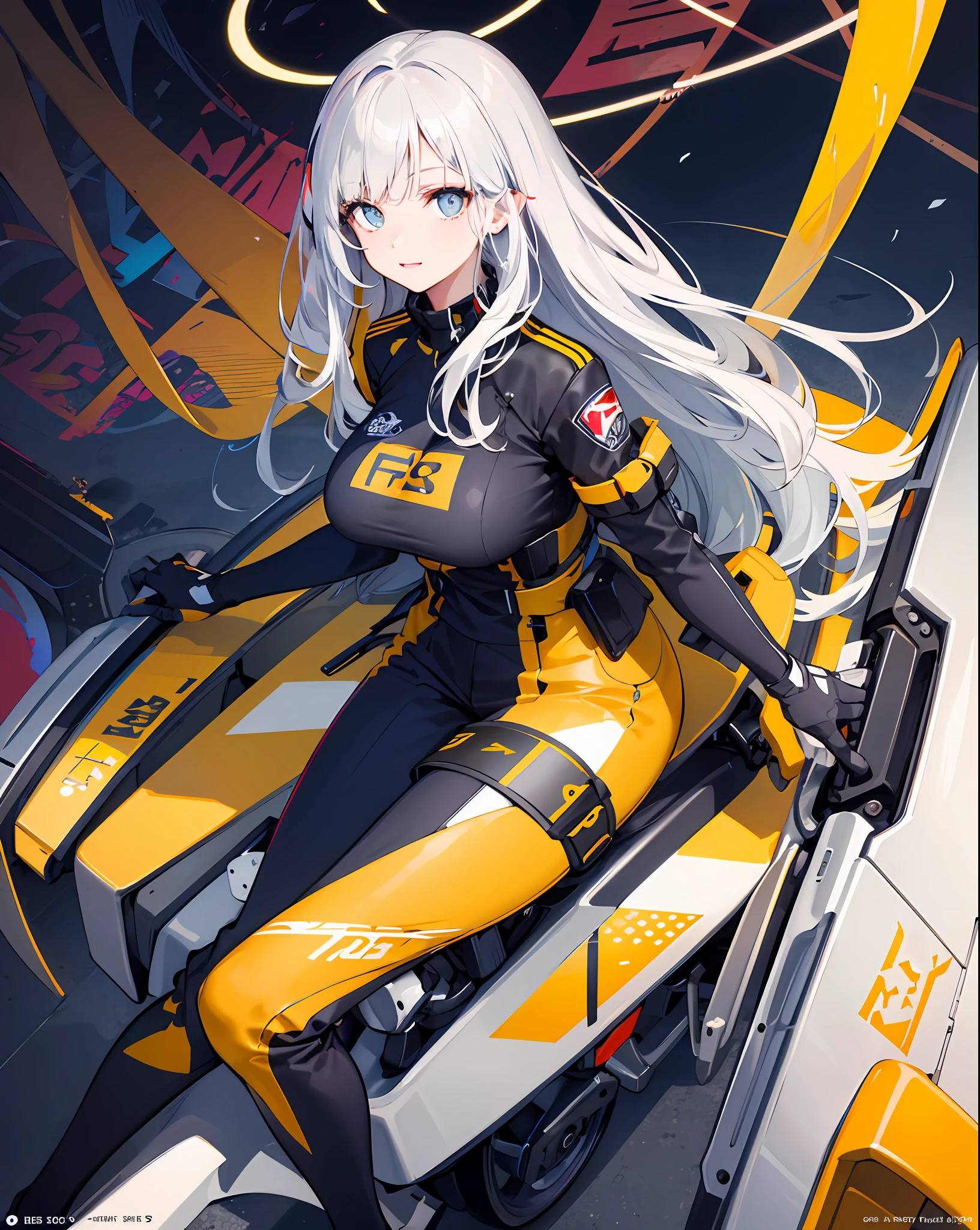 background, mixed-language_text, Japanese letters in graffit, girls, long blonde hair, excellent lighting, sidelighting, perfect ultimate (flat color: 1.3), (magazine_cover: 1.4), (multicolored_background: 1.3), striped_background, card_background, :: discs with sharp and shiny blades in the hand :: circular pieces of white metals glued to the ultra detailed arms coming out sparkling glow, black star design stamped in the middle of the shirt ,  perfect and detailed, ultra detailed shirt with abstract design and with Japanese letter print in graffiti on the sides of the clothes, image of girls with big breast, on top of a futuristic motorcycle, with immersive effects, hover effect, background graffiti style tribal tattoo with flowers and vibrant colors, "ultra HDR" detailed and with focus effect,  (masterpiece: 1.2, best quality), (beautiful eyes with huge eyelashes finely detailed: 1.2), , ((Solo)), (Finely detailed eyes and detailed face :1.3), in various full-body attack poses, (cute background: 1.2),futuristic costume, super detailed circular metals Grabbed on arms and pants, fantastic paintings