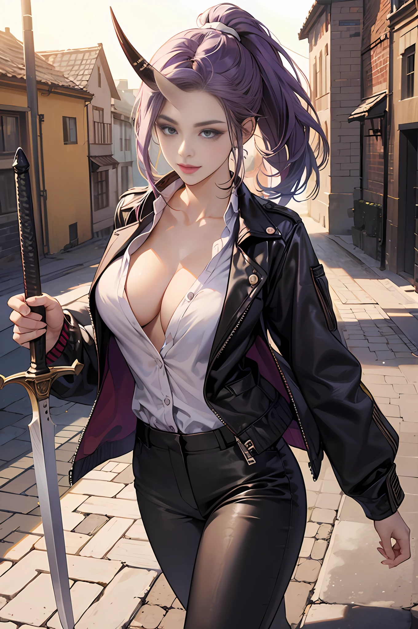 master-piece, hyper quality, hyper detailed, perfect drawing, CG, 3D, 8k, illustration, solo, beauty, purple-haired ponytail, ((only one horn grows from the middle of the forehead))), height 190cm, bountiful breasts, L cup bust 108cm, ((purple leather pantsuit))), (( The upper body is naked and wears only a jacket with only one button)), ((no bra))), skinny pants (low-rise pants), (holding an ultra super big sword in his hand: 1.5), cute smile, round big buttocks, cleavage, fluffy chest, isekai fantasy, townscape similar to medieval Europe, cobblestones, castle on a distant mountain, beautiful background, natural light, high-resolution, shooting from the front obliquely below, professional camera,