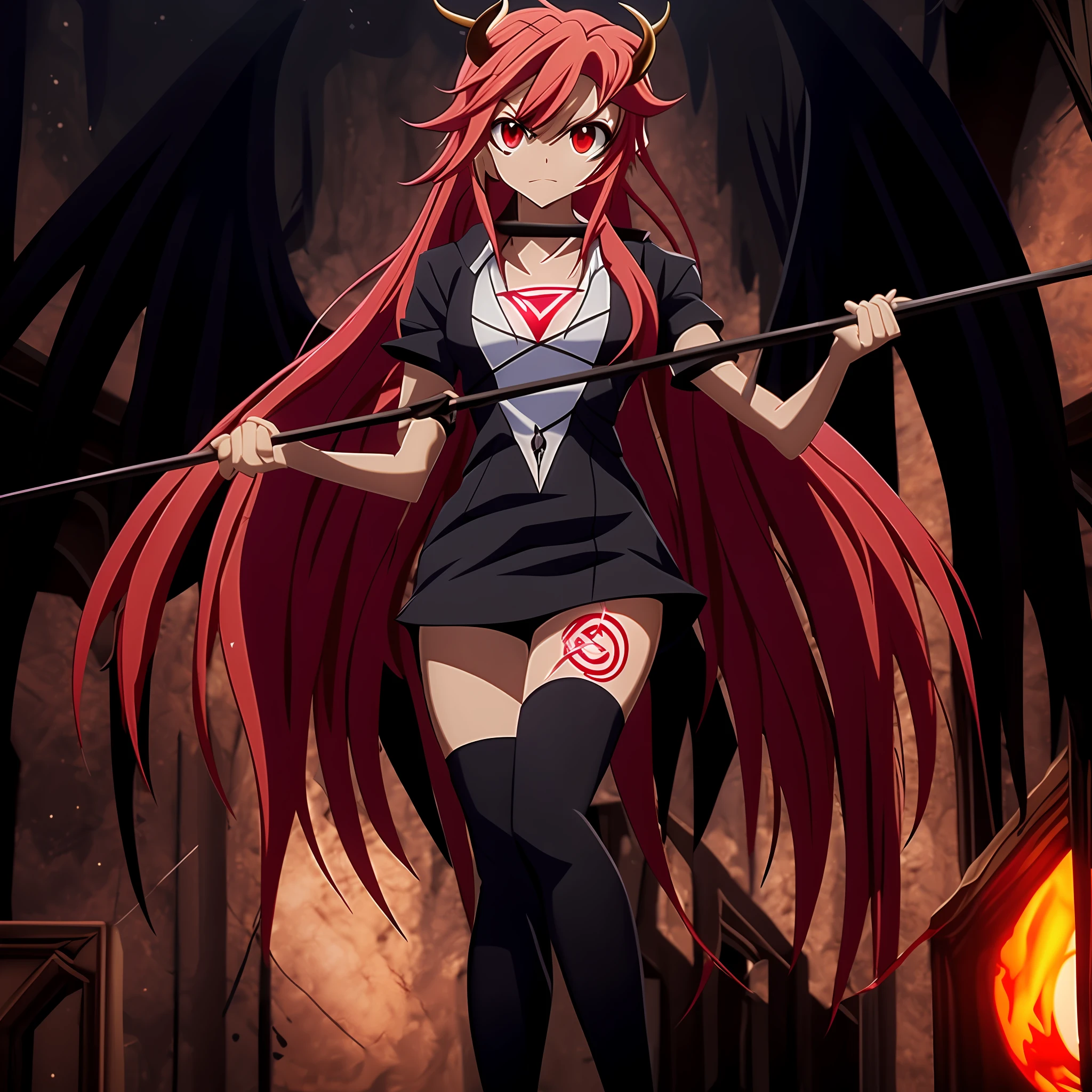 garota de anime, com tatuagens, com oculos vermelho, com cabelo vermelho e meias pretas segurando um poste, Rias Gremory, DXD High School, menina anime demon, Succubus em vestido curto apertado, pele branca clara, fundo de masmorra, Correct the dashes, Detail the strokes, deixar os seios bonito, Correct the symbol of the white blouse, Anime 3D, corrigir dedos, corrigir os olhos, olhos em UHD, decote, seios em UHD.