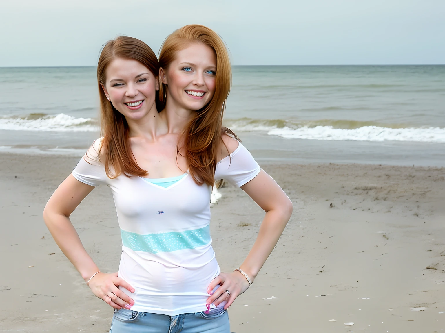 2heads, two headed girl, (one torso:1.5), pale skin, (Scottish redhead:1.4), ager, white girls, (two heads on one body:1.4), (first head uncomfortable:1.5), (second head unhappy:1.5) conjoined twins, heads side by side, one torso, young, uncomfortable, barefoot