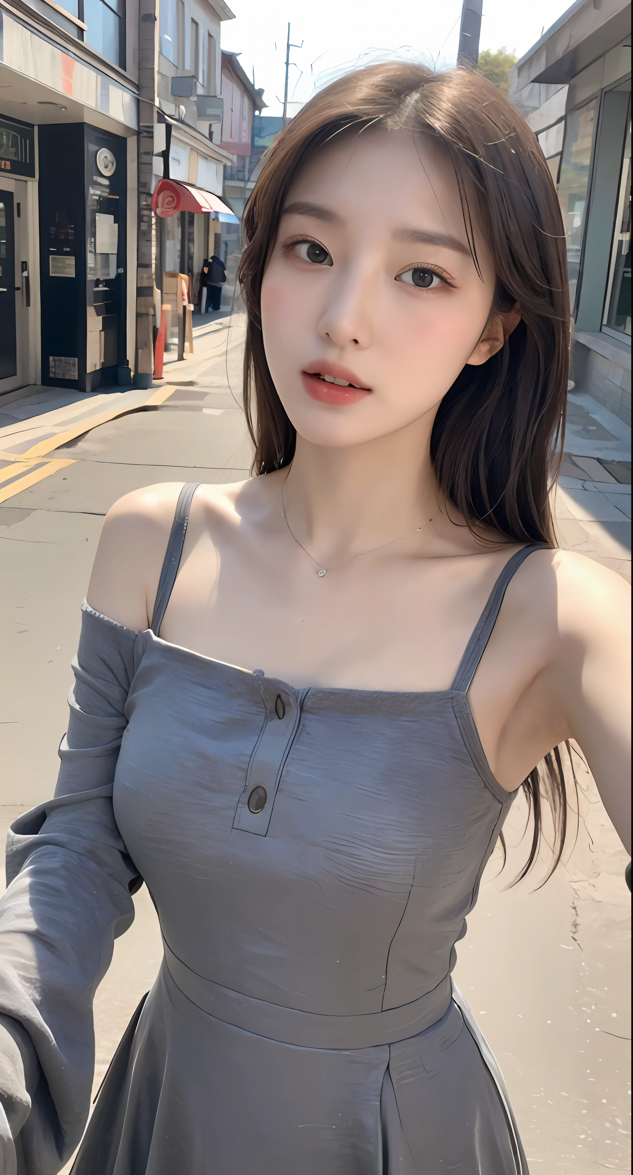 (1 Korean star of the royal sister style),((best qulity, 8k, master-piece:1.3)), Focus:1.2, perfect figure beautiful woman:1.4 , (Funny expressions),In ancient streets Highly detailed facial and skin textures, detailed eye, Double eyelid,Whiten skin,(Air bangs:1.3),(Round face:1.5),(Thin shoulders。Wearing a cold dress for selfies