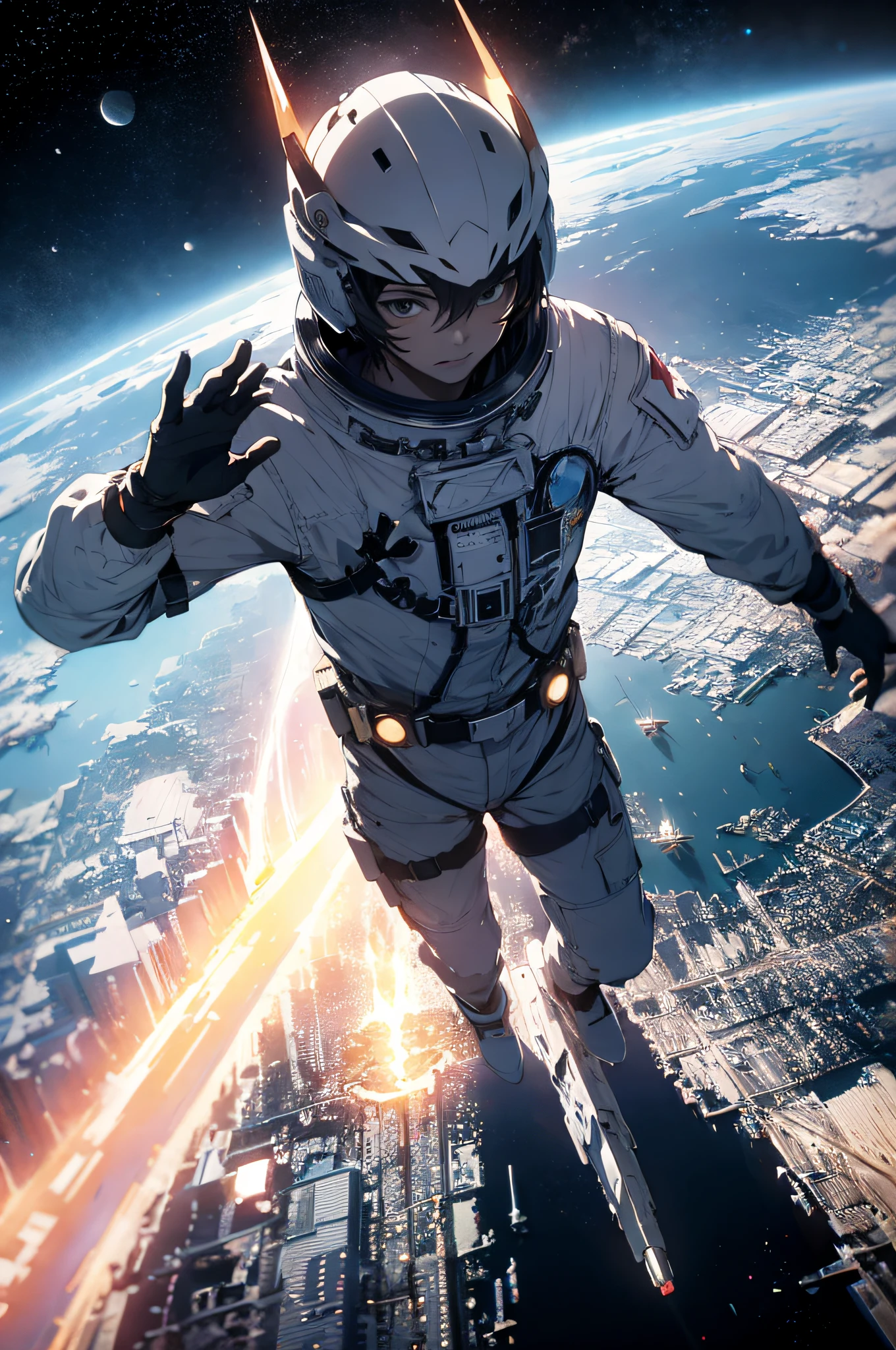 ridiculous resolution, high resolution, (masterpiece:1.4), super detailed, 1boy, seen from above, space, floating, --v 6