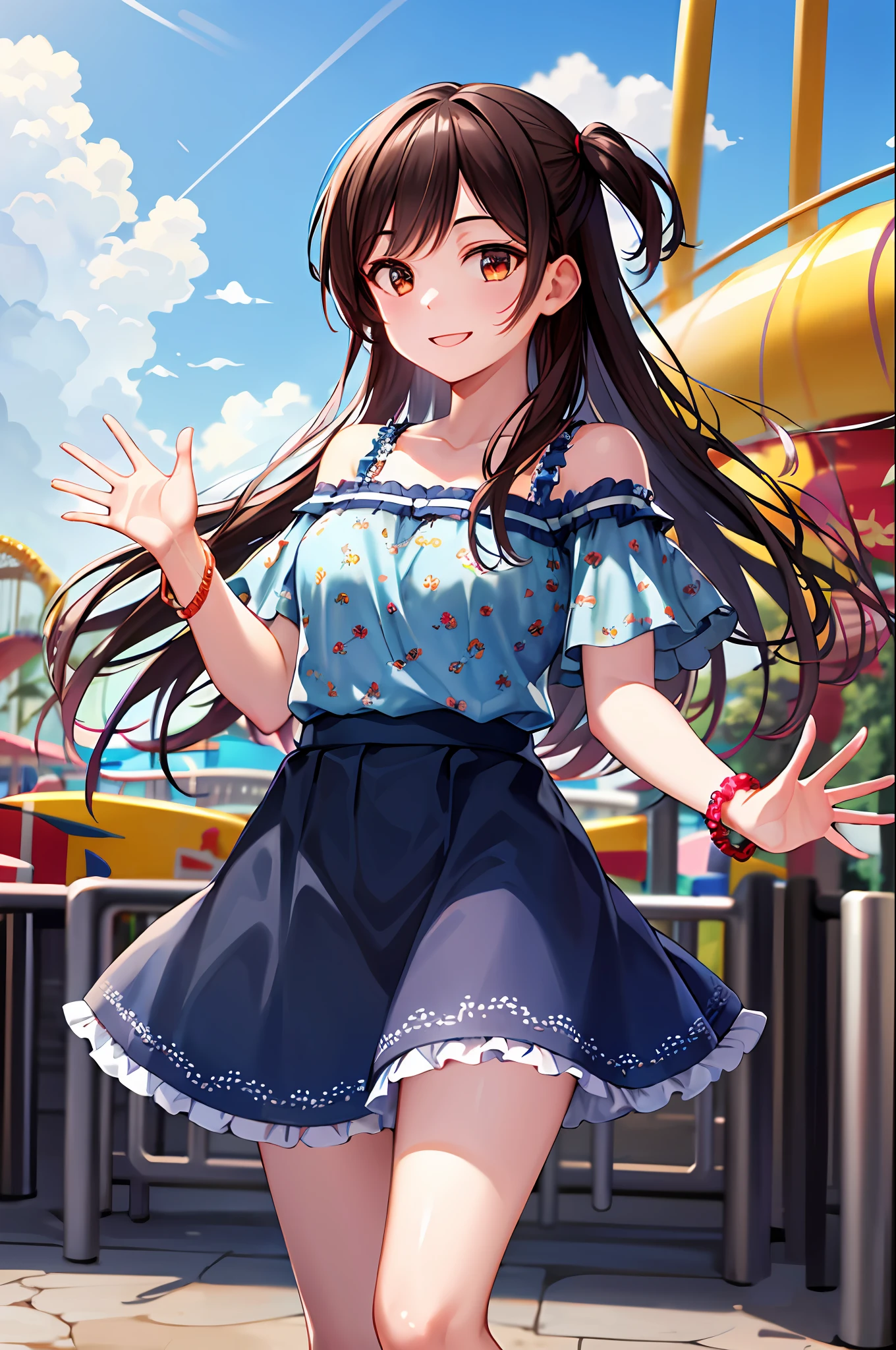 masterpiece, best quality, highres, chi1, 1girl, long hair, one side up, solo, bracelet, bangs, ???? shoulders, blue shirt, floral print, short sleeves, off-shoulder shirt, frills, blue skirt, amusement park, waving, smile,